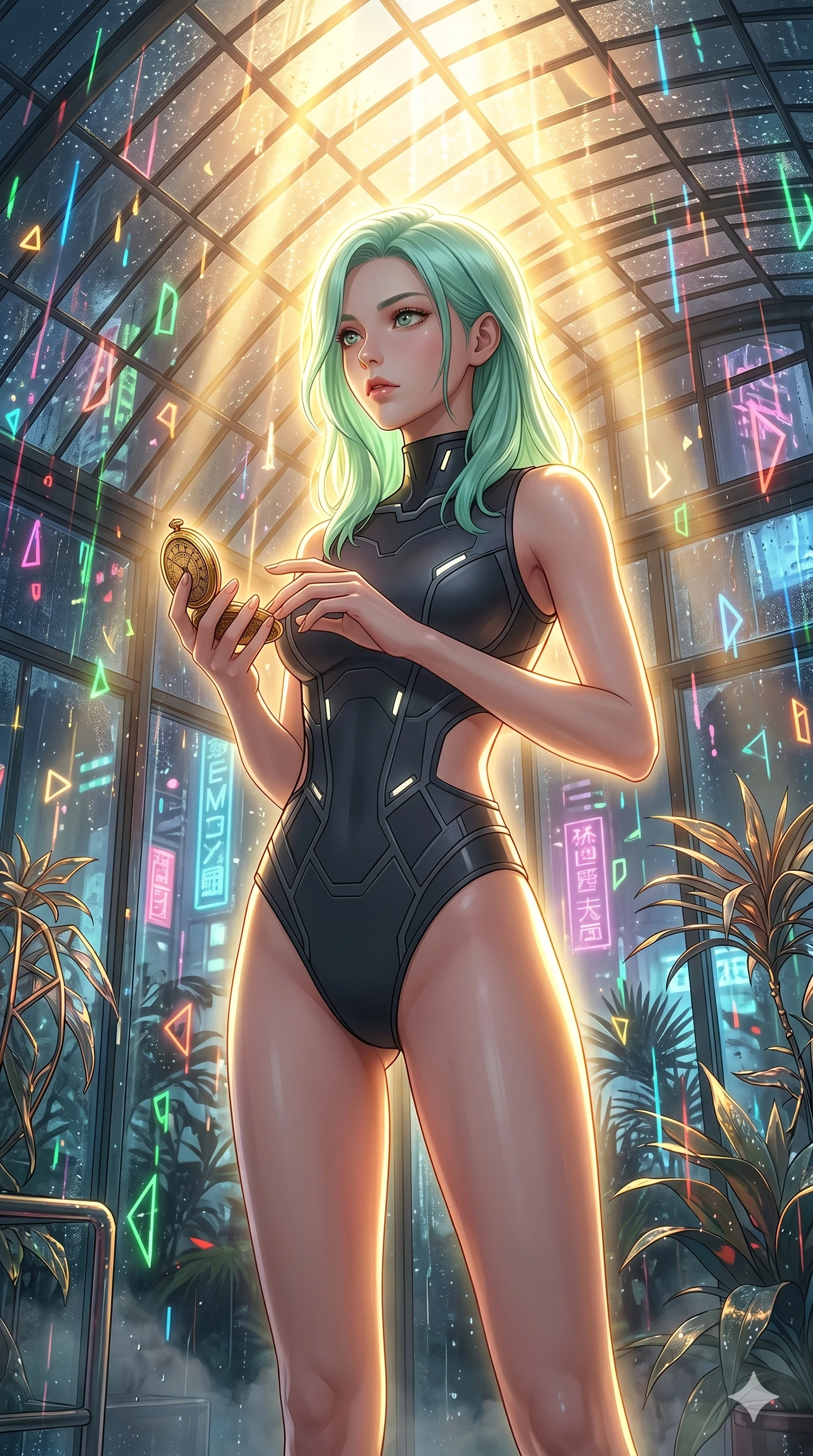 score_9, masterpiece, best quality, ultra-detailed, high-budget anime keyframe, editorial fashion photography, tasteful artistic composition, Japanese woman. cowboy shot from the thighs up, character and outfit filling the frame for maximum editorial presence. holding a golden pocket watch, looking past the camera with a thoughtful expression in a greenhouse under falling neon rain (Code-P17-119). She has an absolutely perfect 8-heads proportion, an exceptionally tall and slender female figure with impossibly long slender legs and an ultra-slim waist. V-shaped jawline, high-bridge nose, intricate jewel-like eyes with depth, thick eyelashes, glossy lips with a natural sheen. wearing a neoprene cyber-suit featuring side cutouts and high-cut legs. brilliant golden rays from the ceiling, creating a warm glowing aura on her silhouette. 2k, ultra detail, master piece, 9:16 ratio