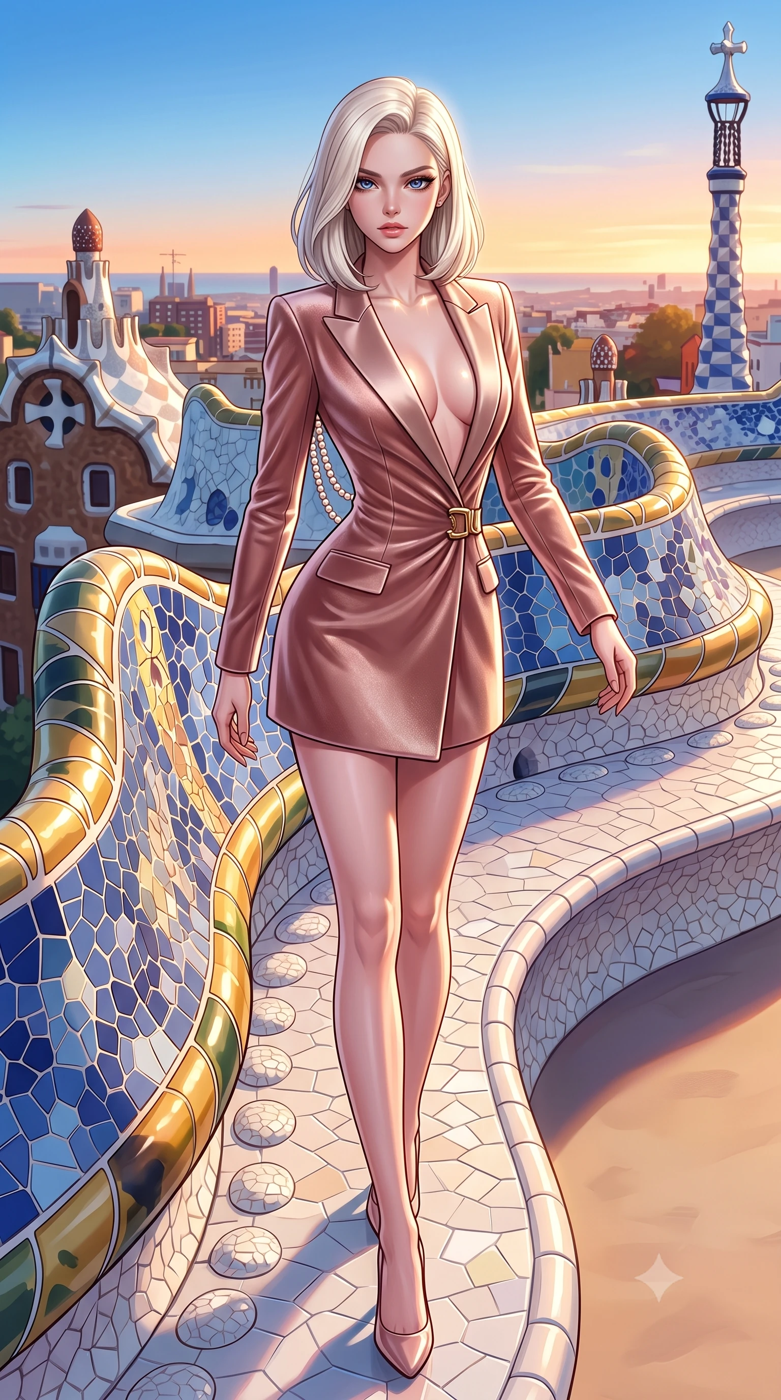 score_9, masterpiece, best quality, ultra-detailed, high-budget anime keyframe, semi-realistic 3D game render, editorial fashion photography, tasteful artistic composition, Caucasian woman. low angle full-body shot from head to toe showing her feet, filling the entire 9:16 vertical frame with her statuesque presence, stretching her vertical silhouette. striding forward in a proud supermodel runway stride, hips swaying in an alluring kinetic rhythm that accentuates her curvy hourglass silhouette while reclining along the curved serpentine mosaic bench of a Gaudi rooftop, arching her lower back to match the organic architectural waves. The surrounding environment is rendered in vivid detail and crisp panoramic clarity. detailed dress fabric texture, sunset horizon clarity, and architectural ceramic glaze sheen in high resolution. She has an exceptionally tall and slender model-like 8.5-heads proportion, an ultra-slim waist, a flat toned midriff, narrow delicate ribcage, and beautifully sculpted feminine hips creating a graceful, slim hourglass silhouette without any bulky heaviness, with impossibly long slender legs. sharp v-shaped jawline, high-bridge nose, intricate jewel-like eyes with depth, thick eyelashes, glossy parted lips with a natural sheen, intensely captivating and seductive bedroom-eyes expression, flawlessly proportioned anatomical accuracy, strict slender model proportions, natural body alignment, perfectly sculpted long slender limbs, ultra-slim waistline, clean dynamic posture without body distortion. wearing a tailored velvet tuxedo jacket dress with satin lapels, worn with a deep plunge neckline and gold hip buckle in dusky blush rose and champagne shimmer, made of fluid silk crepe with delicate inner corsetry boning, accented with a multi-strand pearl back necklace cascading down her bare spine to her hips, the glove-like aerodynamic silhouette tightly following the natural contour of her hips and long slender legs with statuesque 8.5-heads elegance. illuminated by glowing specular sun glints defining her sculpted collarbones, narrow waist, and curvy hips. highly saturated vibrant anime colors, detailed shading with soft gradients, rich glossy textures, high-contrast stereoscopic depth, volumetric dynamic lighting, master piece, 9:16 ratio