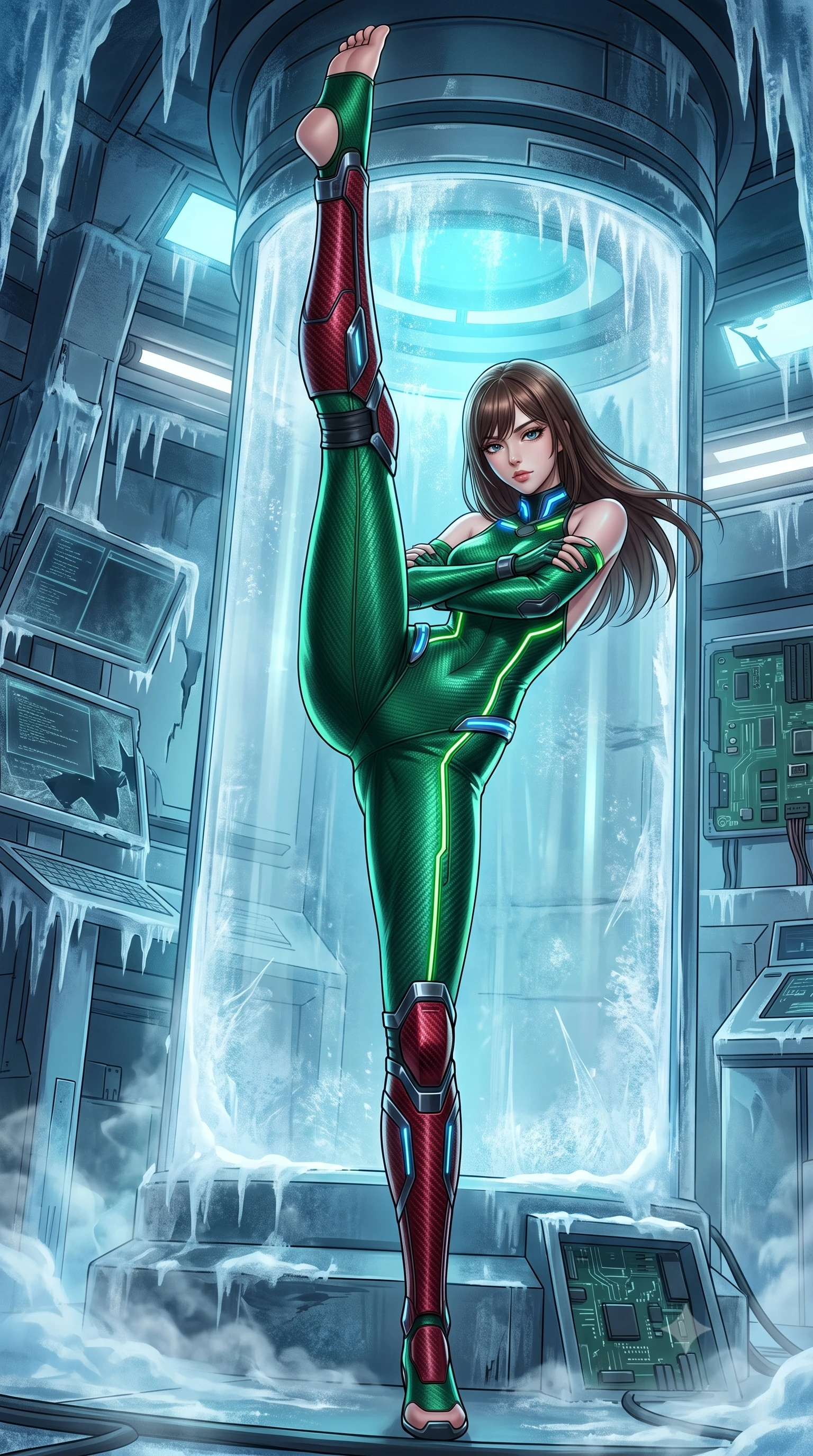 score_9, masterpiece, best quality, ultra-detailed, high-budget anime keyframe, semi-realistic 3D game render, editorial fashion photography, tasteful artistic composition, Korean woman. low angle full-body shot from head to toe showing her feet, filling the entire 9:16 vertical frame with her statuesque presence, stretching her vertical silhouette. executing a breathtaking zero-gravity high-kick with full 180-degree vertical extension, her impossibly long slender legs dominating the frame with razor-sharp poise while resting against a frost-covered stasis cylinder with arms folded, casting a cool, smoldering gaze through ice vapor. The surrounding environment is rendered in vivid detail and crisp panoramic clarity. high-contrast arctic chiaroscuro and sleek high-tech laboratory ruin captured with precision. She has an absolutely perfect, statuesque 8.5-heads proportion, an exceptionally tall and slender model-like female figure with impossibly long slender legs, a toned flat midriff, and an ultra-slim waist. sharp v-shaped jawline, high-bridge nose, intricate jewel-like eyes with depth, thick eyelashes, glossy lips with a natural sheen, flawlessly proportioned anatomical accuracy, strict slender model proportions, natural body alignment, perfectly sculpted long slender limbs, ultra-slim waistline, clean dynamic posture without body distortion. wearing a tailored emerald-green carbon-fiber tactical jumpsuit with glowing lime LED channels, open cowl back, and reinforced combat shin-guards in deep crimson carbon weave with specular dark chrome accents, made of lightweight aerodynamic carbon-titanium alloy with polished edge bevels, accented with glowing fiber-optic conduits tracing her collarbones and hip curves, the sleek second-skin cut tightly hugging her graceful clavicle, narrow waist, and feminine curves with athletic precision. bathed in glowing cyan cryogenic stasis radiance and cool white emergency strobe lighting. rich saturated anime colors with glowing neon highlights, detailed shading with soft gradients, rich glossy textures, high-contrast stereoscopic depth, volumetric dynamic lighting, master piece, 9:16 ratio