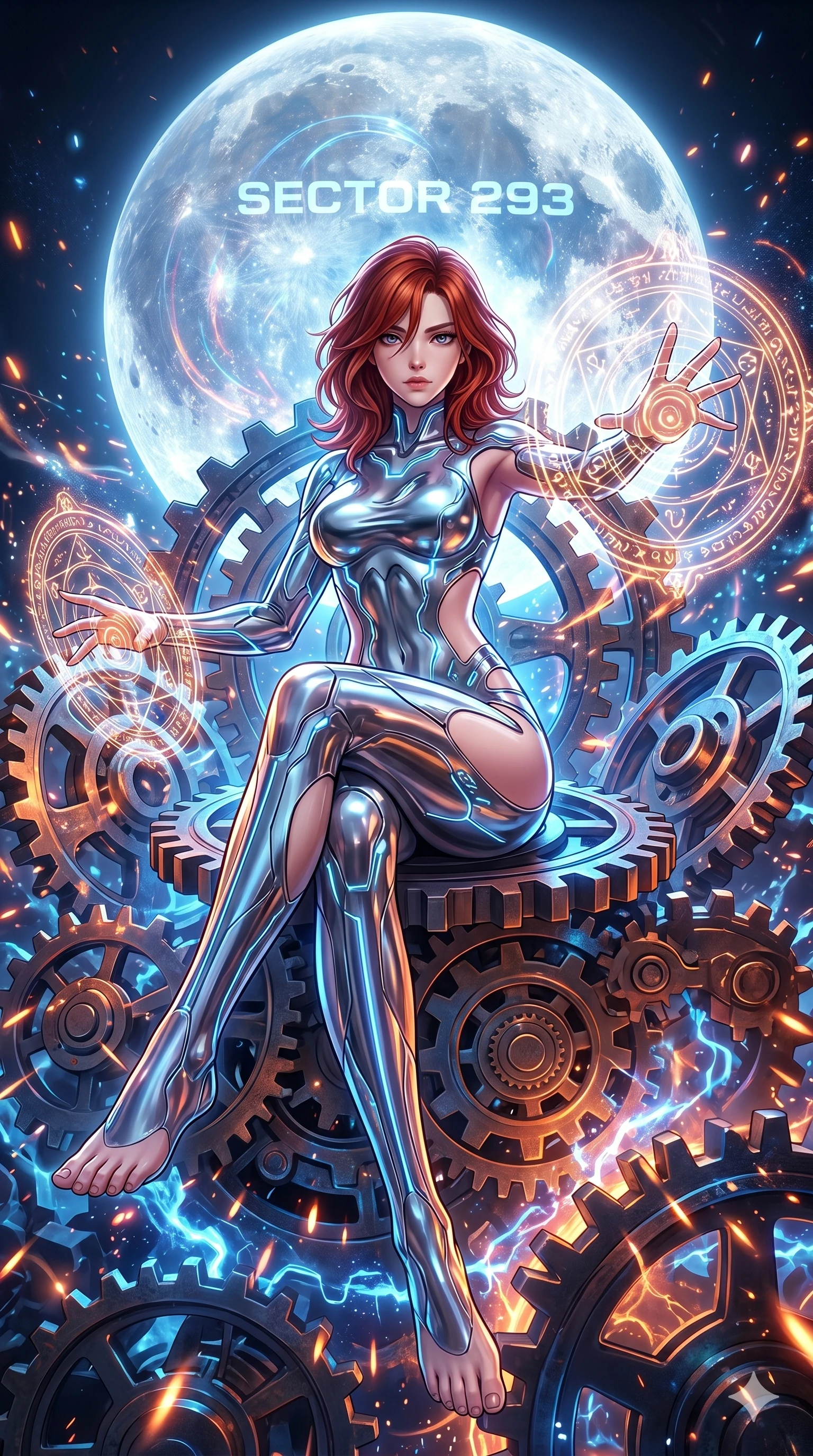 score_9, masterpiece, best quality, ultra-detailed, Set A: High-budget Anime Keyframe, Japanese woman. Low angle cowboy shot filling the entire 9:16 frame with her statuesque presence. Casting a spell through a throne of gears, with a massive holographic moon rising behind her marked as sector 293 and surrounded by glowing energy sparks. She has an absolutely perfect 8-heads proportion, an exceptionally tall and slender female figure with impossibly long slender legs and an ultra-slim waist. Sharp v-shaped jawline, high-bridge nose, intricate jewel-like eyes with depth, thick eyelashes, glossy lips with a natural sheen. Wearing Minimalist tech-suit with negative-space cutouts and liquid metal textures. Cinematic lighting, vibrant colors, dramatic shadows, 2k, ultra detail, master piece, 9:16 ratio