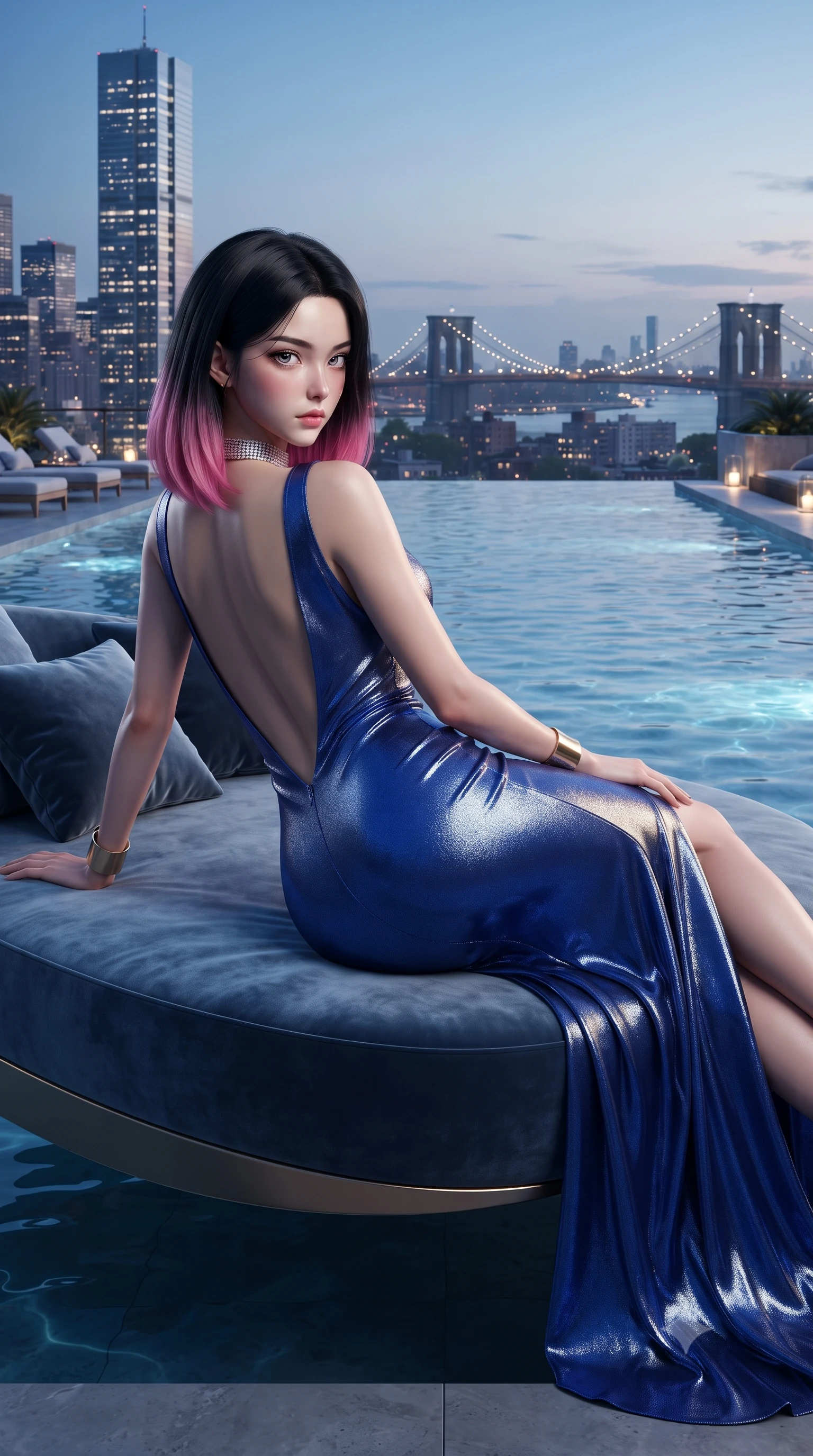 score_9, masterpiece, best quality, ultra-detailed, high-budget anime keyframe, editorial fashion photography, tasteful artistic composition, Korean woman. close-up cowboy shot from the waist and thighs up, the character dominates the composition, filling the frame with her large presence. twisting her slender torso in a deep contrapposto stance, hips dramatically shifted to accentuate her feminine curves while looking past her shoulder with smoldering bedroom-eyes while reclining on her side across a floating velvet infinity daybed, one leg extended and torso propped on one elbow to accentuate the sweeping line of her curvy hips. The surrounding environment is rendered in vivid detail and crisp panoramic clarity. detailed skyscraper skyline panoramas, distant suspension bridges, and pool water ripples in high resolution. She has an exceptionally elegant, slender, and willowy female figure with an ultra-slim waist, a gracefully sculpted slender torso, toned flat midriff, and rounded feminine hips creating an alluring hourglass silhouette. sharp v-shaped jawline, high-bridge nose, intricate jewel-like eyes with depth, thick eyelashes, glossy parted lips with a natural sheen, intensely captivating and seductive bedroom-eyes expression, flawlessly proportioned anatomical accuracy, strict slender model proportions, natural body alignment, perfectly sculpted long slender limbs, ultra-slim waistline, clean dynamic posture without body distortion. wearing a liquid silk jersey evening gown with an ultra-deep plunging open back descending to the base of her spine and a sculpted hip-hugging skirt in royal sapphire blue and brushed platinum, crafted from luxurious metallic lamé that shifts radiance with every step, accessorized with a bold diamond choker and minimalist gold cuffs, the dramatically scooped open back descending to the base of her spine, accentuating her razor-sharp statuesque lines and curvy hourglass silhouette. illuminated by crisp directional edge lights sharply sculpting her slender waist and curvy feminine hips. ultra-reflective glossy finish, specular highlights, rich textural contrasts, high-contrast stereoscopic depth, volumetric dynamic lighting, 2k, ultra detail, master piece, 9:16 ratio