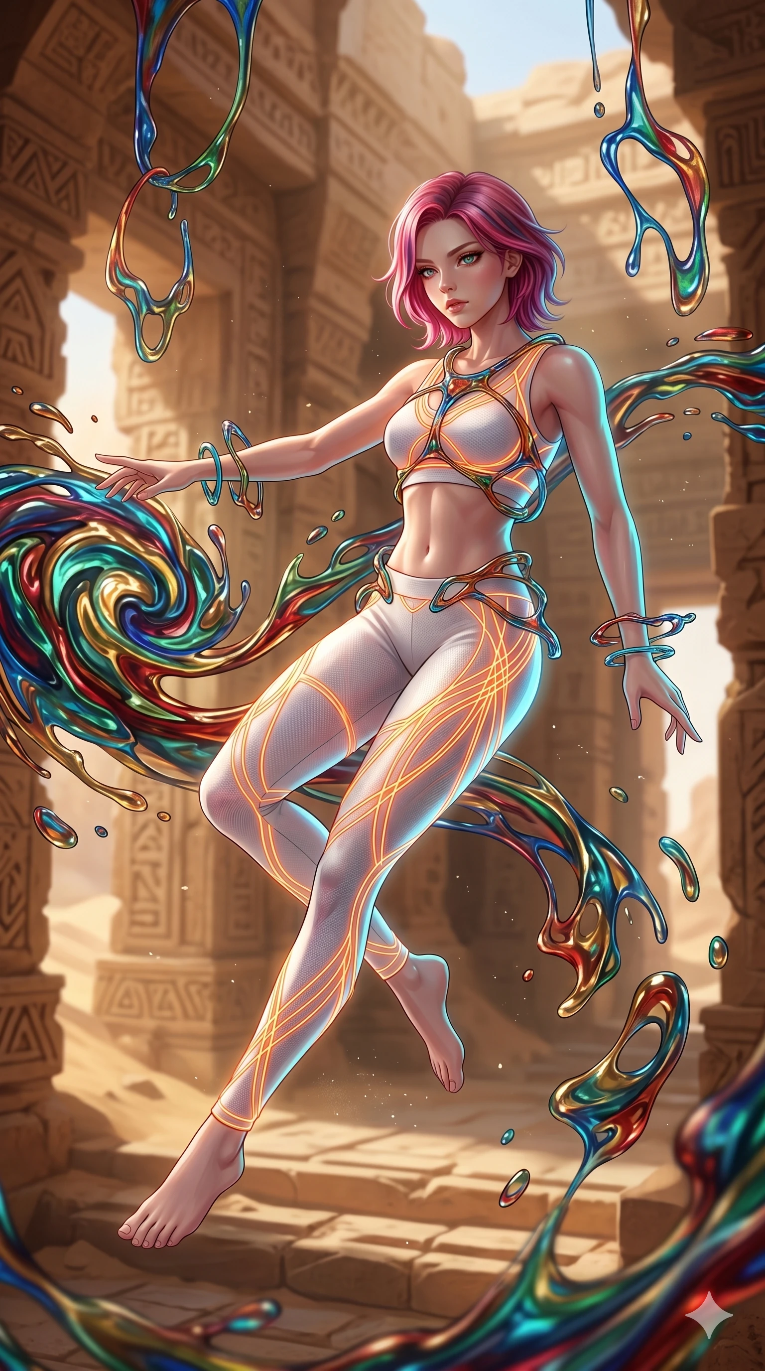 score_9, masterpiece, best quality, ultra-detailed, high-budget anime keyframe, Caucasian woman, strictly human ears. upper body close-up from the thighs up, character filling the screen for maximum presence. interacting with liquid stained-glass that melts and swirls in mid-air inside a crumbling desert ruin, the fluid jewelry floating in suspension. She has an absolutely perfect 8-heads proportion, an exceptionally tall and slender female figure with impossibly long slender legs and an ultra-slim waist. V-shaped jawline, high-bridge nose, intricate jewel-like eyes with depth, thick eyelashes, glossy lips with a natural sheen.. wearing a neon filament athleisure set, featuring a tight white crop top and matching leggings woven with glowing orange neon filaments, highlighting her slender body contour. lit by a soft glowing ambient light and a sharp side key light that traces the sleek contours of her athletic build. 2k, ultra detail, master piece, 9:16 ratio