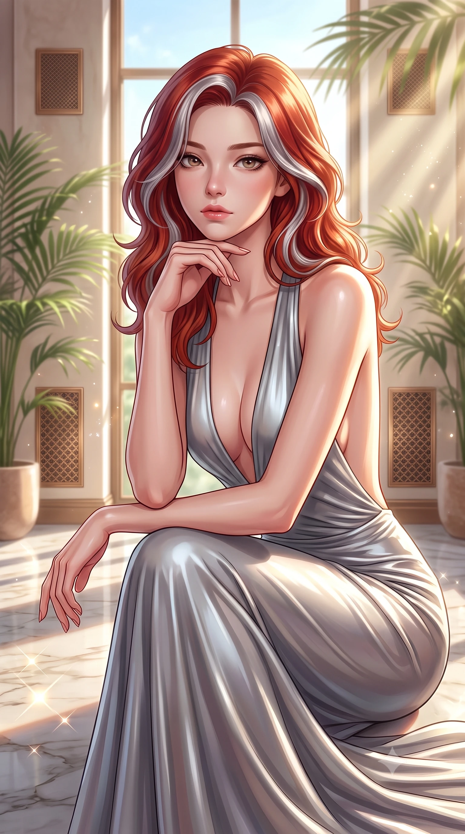 score_9, masterpiece, best quality, ultra-detailed, high-budget anime keyframe, editorial fashion photography, tasteful artistic composition, Caucasian woman woman. close-up cowboy shot from the waist and thighs up, the character dominates the composition, filling the frame with her large presence, background elements kept in soft focus. She has an exceptionally elegant, slender, and willowy female figure with an ultra-slim waist, a gracefully sculpted slender torso, and a refined silhouette. resting her chin on the back of her fingers in a thoughtful and effortless pose, flawlessly proportioned anatomical accuracy, natural body alignment, perfectly sculpted elegant limbs, clean dynamic posture without body distortion. set against a soft-focus background of a luxury sunroom filled with potted palms and bronze vents. wearing a deep plunging V-neck maxi dress in liquid silver jersey with a daring open-back. bathed in bright morning sunbeams creating sparkling glints on polished floors. highly saturated vibrant anime colors, detailed shading with soft gradients, rich glossy textures, high-contrast stereoscopic depth, volumetric dynamic lighting, master piece, 9:16 ratio