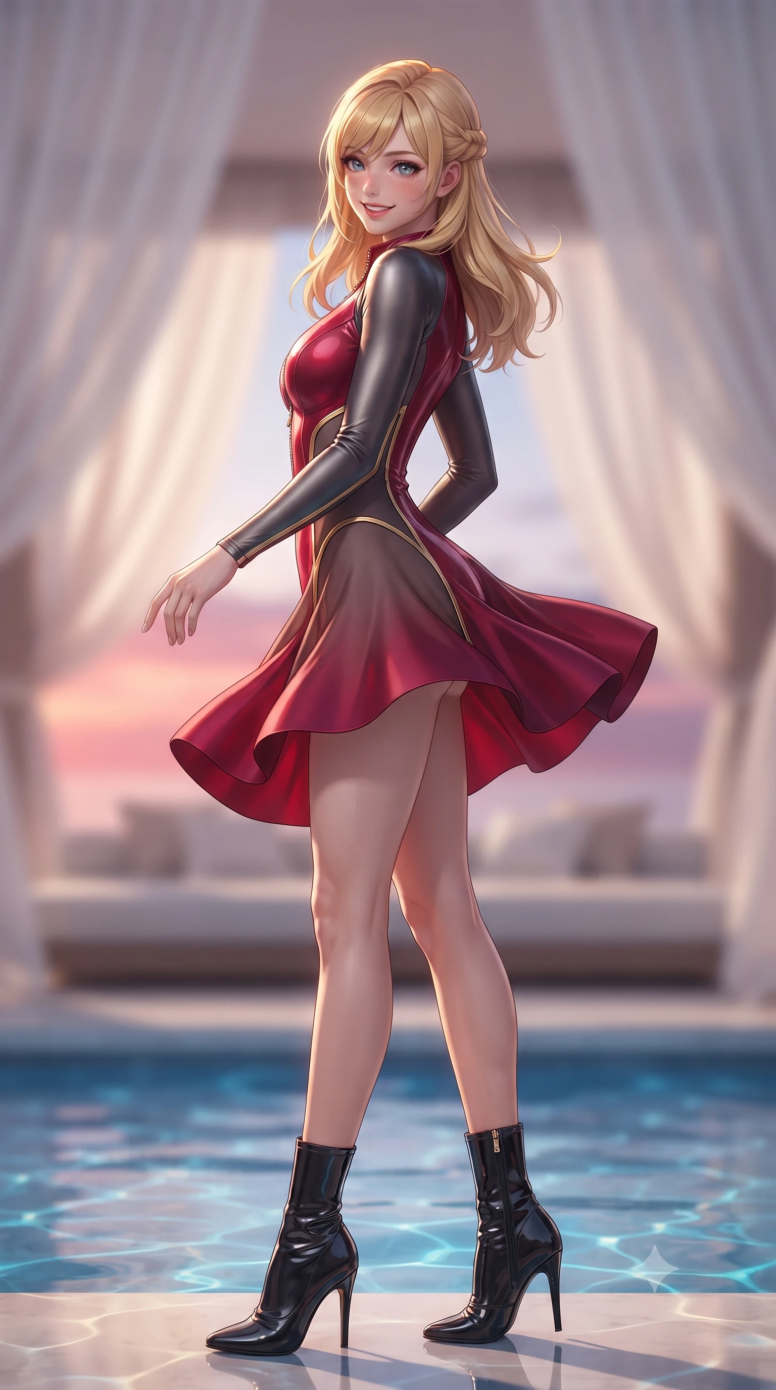 score_9, masterpiece, best quality, ultra-detailed, high-budget anime keyframe, editorial fashion photography, tasteful artistic composition, Caucasian woman. low angle full-body shot from head to toe showing her feet, filling the entire 9:16 vertical frame with her statuesque presence, stretching her vertical silhouette. executing a slow, graceful pivot turn as her skirt sways around her slender legs, glancing back with an enchanting, teasing sensual expression while twisting her slender torso in an alluring contrapposto stance, crimson sunset and sapphire water caustics wrapping around her flat midriff and hips. The background shows a soft-focus floating silk pool cabana drapery softened in ultra-luxury futuristic aerial shallow focus. She has an exceptionally tall and slender model-like 8.5-heads proportion, an ultra-slim waist, a flat toned midriff, narrow delicate ribcage, and beautifully sculpted feminine hips creating a graceful, slim hourglass silhouette without any bulky heaviness, with impossibly long slender legs. sharp v-shaped jawline, high-bridge nose, intricate jewel-like sparkling eyes with depth, thick eyelashes, glossy parted lips with a natural peach sheen, bright cheerful beaming smile with an enchanting and coquettish sensual glint, exuding both youthful cute charm and seductive allure, flawlessly proportioned anatomical accuracy, strict slender model proportions, natural body alignment, perfectly sculpted long slender limbs, ultra-slim waistline, clean dynamic posture without body distortion. wearing a form-contouring wet-look neoprene zip-front maillot with high-cut leg openings and gold racing side trims in rich ruby crimson and dark brushed titanium, made of semi-opaque stretch illusion mesh with soft shadowy contours along her waist, complemented by sleek patent leather stiletto ankle boots accentuating her long slender calves, the liquid-tight tailored fabric clinging flawlessly to her narrow waist and rounded feminine hips, emphasizing every millimeter of her sculpted slim hourglass curves without any bulky heaviness. illuminated by pool water caustics bounce and sharp molten-gold rim lights defining her razor-sharp jawline, narrow waist, and curvy hips. ultra-reflective glossy finish, specular highlights, rich textural contrasts, high-contrast stereoscopic depth, volumetric dynamic lighting, 2k, ultra detail, master piece, 9:16 ratio