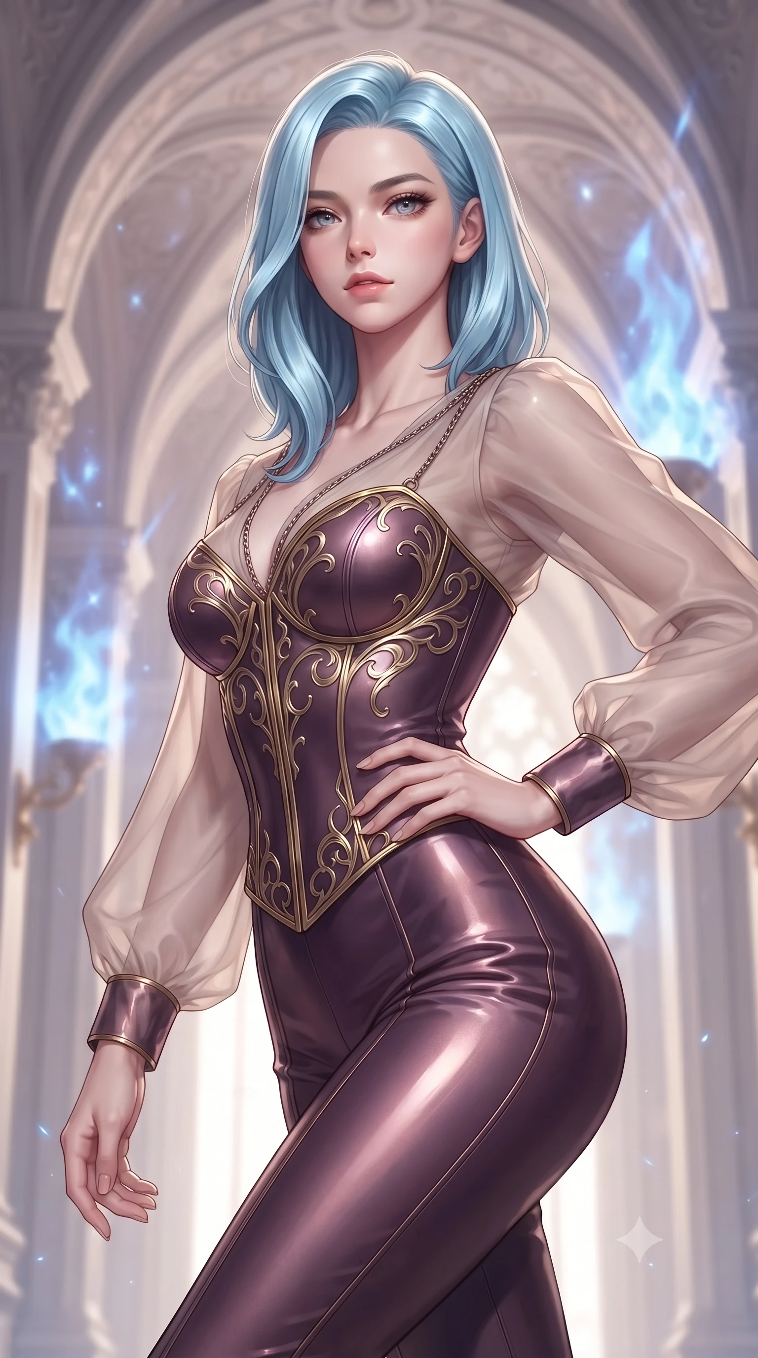 score_9, masterpiece, best quality, ultra-detailed, high-budget anime keyframe, editorial fashion photography, tasteful artistic composition, Korean woman. close-up cowboy shot from the waist and thighs up, the character dominates the composition, filling the frame with her large presence, background elements kept in soft focus. Holding a powerful dynamic pose with one hand on her hip and body angled dramatically toward the key light while stepping forward with proud posture as alchemy light beams illuminate her statuesque figure, soft sapphire alchemy flames dancing around bisque porcelain architectural arches. She has an exceptionally elegant, slender, and willowy female figure with an ultra-slim waist, a gracefully sculpted slender torso, and a refined silhouette. sharp v-shaped jawline, high-bridge nose, intricate jewel-like eyes with depth, thick eyelashes, glossy lips with a natural sheen, flawlessly proportioned anatomical accuracy, natural body alignment, perfectly sculpted elegant limbs, clean dynamic posture without body distortion. wearing a tailored leather bustier over a sheer silk chiffon blouse in plum purple and gold filigree, woven from fine semi-opaque sheer organza, adorned with delicate metallic chain straps along the neckline, the form-contouring material highlighting her ultra-slim waist and long lines. surrounded by a majestic inner radiance highlighting glossy white porcelain. ultra-reflective glossy finish, specular highlights, metallic sheen, high-contrast stereoscopic depth, volumetric dynamic lighting, 2k, ultra detail, master piece, 9:16 ratio