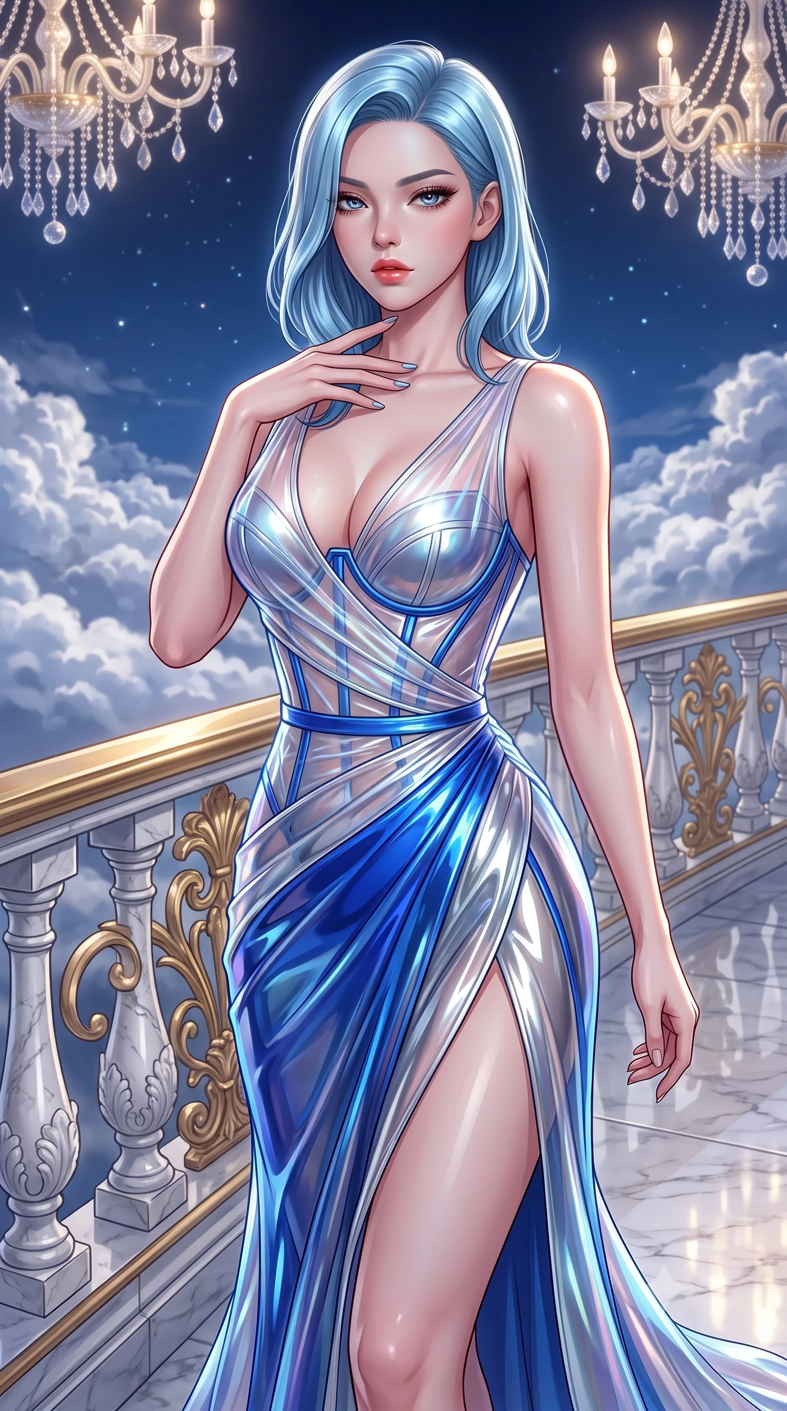 score_9, masterpiece, best quality, ultra-detailed, high-budget anime keyframe, semi-realistic 3D game render, editorial fashion photography, tasteful artistic composition, Korean woman. close-up cowboy shot from the waist and thighs up, the character dominates the composition, filling the frame with her large presence. resting her fingers lightly against her throat while looking down with a smoldering, haughty yet intensely captivating glance while pivoting dynamically near a gilded balustrade as evening starlight and hovering crystal chandeliers illuminate her gown. The surrounding environment is rendered in vivid detail and crisp panoramic clarity. crisp white marble balustrade carvings, polished floor reflections, and detailed cloud bank textures in deep focus. She has an exceptionally elegant, slender, and willowy female figure with an ultra-slim waist, a gracefully sculpted slender torso, toned flat midriff, and a refined slim silhouette. sharp v-shaped jawline, high-bridge nose, intricate jewel-like eyes with depth, thick eyelashes, glossy lips with a natural sheen, flawlessly proportioned anatomical accuracy, strict slender model proportions, natural body alignment, perfectly sculpted long slender limbs, ultra-slim waistline, clean dynamic posture without body distortion. wearing a translucent iridescent organza wrap dress with structured bustier boning, plunging neckline, and high-cut dual leg slits in liquid electric cobalt blue and polished silver, crafted from ultra-reflective second-skin latex with a high-gloss glass-like polish, finished with an ultra-high side slit secured by miniature magnetic clasps, the liquid-tight tailored fabric emphasizing every curve of her tall, slender model proportions and sculptured silhouette during dynamic movement. surrounded by an enchanting, romantic, and intensely glamorous celestial ballroom ambiance. highly saturated vibrant anime colors, detailed shading with soft gradients, rich glossy textures, high-contrast stereoscopic depth, volumetric dynamic lighting, master piece, 9:16 ratio