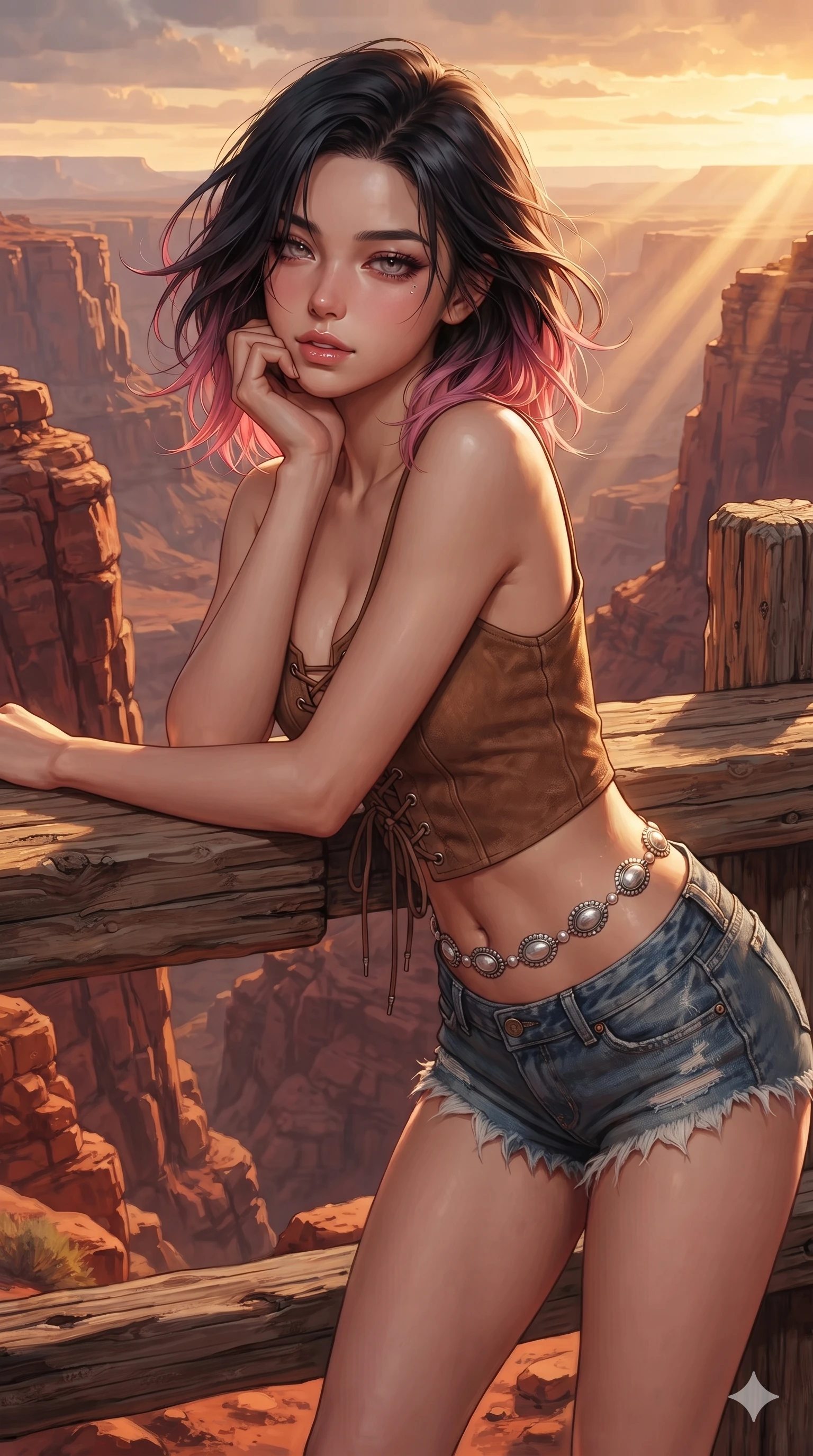score_9, masterpiece, best quality, ultra-detailed, high-budget anime keyframe, editorial fashion photography, tasteful artistic composition, Korean woman. close-up cowboy shot from the waist and thighs up, the character dominates the composition, filling the frame with her large presence. resting one elbow on the workbench and supporting her chin, leaning close to the camera with heavy-lidded sparkling eyes and parted lips while leaning forward over the canyon precipice with hips cocked back, gazing into the vast red rock gorges with smoldering bedroom-eyes as desert winds whip through her hair. The surrounding environment is rendered in vivid detail and crisp panoramic clarity: sharp fractured sandstone rock layers, weathered timber post grain, and crisp canyon drop chasms in deep focus. She has an exceptionally elegant, slender, and willowy female figure with an ultra-slim waist, flat toned midriff, narrow ribcage, and sculpted feminine hips creating an alluring, slim hourglass silhouette without bulk. sharp v-shaped jawline, high-bridge nose, sparkling eyes with hypnotic seductive depth, thick curled eyelashes, glossy parted lips with a natural dewy peach sheen, alluring bedroom-eyes with an enchanting coquettish smile, exuding magnetic siren charisma and sophisticated glamour, flawlessly proportioned anatomical accuracy, strict slender model proportions, natural body alignment, perfectly sculpted long slender limbs, ultra-slim waistline, clean dynamic posture without body distortion. wearing a plunging lace-up suede bustier top paired with ultra-short frayed denim cutoffs and a silver concho waist chain in shimmering silver mercury and sunlit pearl, tailored from buttery-soft glove lambskin leather clinging smoothly to her narrow waist and rounded hips, accented with a silver concho belly chain resting across her flat midriff and curving hips, the liquid-tight tailored fabric clinging flawlessly to her narrow waist and rounded feminine hips, emphasizing every millimeter of her sculpted slim hourglass curves without any bulky heaviness. bathed in dramatic golden hour rays cutting horizontally through canyon crevices with rich warm amber washes. ultra-reflective glossy finish, specular highlights, rich textural contrasts, high-contrast stereoscopic depth, volumetric dynamic lighting, 2k, ultra detail, master piece, 9:16 ratio
