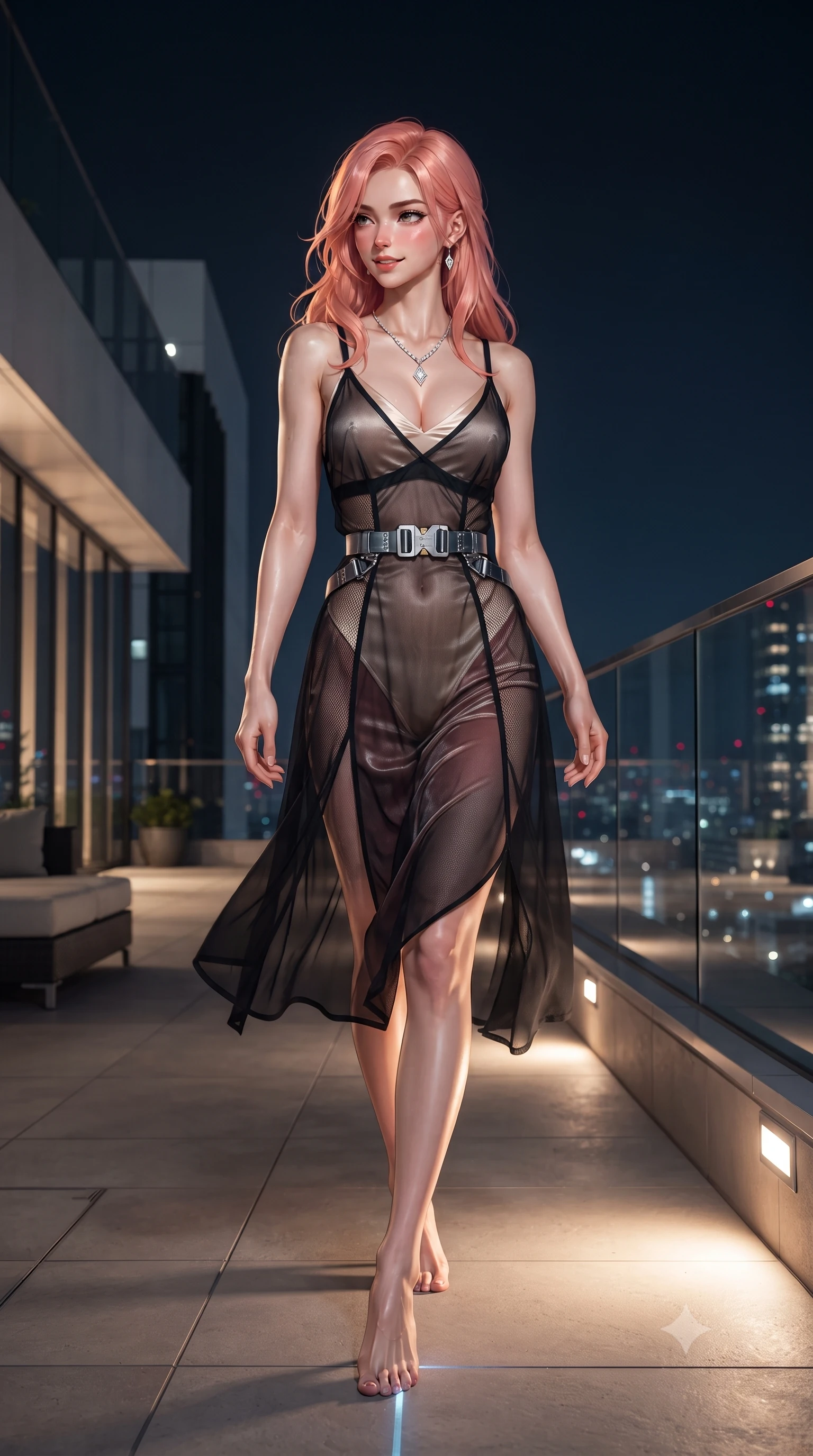 score_9, masterpiece, best quality, ultra-detailed, high-budget anime keyframe, editorial fashion photography, tasteful artistic composition, Japanese woman. low angle full-body shot from head to toe showing her feet, filling the entire 9:16 vertical frame with her statuesque presence, stretching her vertical silhouette. walking along the terrace with poise, looking back over her bare shoulder with an irresistible smoldering bedroom-gaze while stepping over invisible infrared tripwire sensors with high-fashion dancer poise, arching her spine with sovereign cat-burglar grace. The surrounding environment is rendered in vivid detail and crisp panoramic clarity: detailed semi-sheer mesh jumpsuit inserts, diamond pendant glint, and modern penthouse architecture in razor-sharp precision. She has an absolutely perfect, statuesque 8.5-heads proportion, an exceptionally tall and slender model-like female figure with impossibly long slender legs, an ultra-slim waist, a flat toned midriff, narrow delicate ribcage, and beautifully sculpted feminine hips creating a graceful, slim hourglass silhouette without any bulky heaviness. sharp v-shaped jawline, high-bridge nose, sparkling eyes with hypnotic seductive depth, thick curled eyelashes, glossy parted lips with a natural dewy peach sheen, alluring bedroom-eyes with an enchanting coquettish smile, exuding magnetic siren charisma and sophisticated glamour, flawlessly proportioned anatomical accuracy, strict slender model proportions, natural body alignment, perfectly sculpted long slender limbs, ultra-slim waistline, clean dynamic posture without body distortion. wearing a sheer black tactical gauze slip dress worn over a liquid satin undergarment, hugging her flat midriff and hips in powder champagne cream and dusty rose velvet, tailored from fine ribbed modal knit with gentle elastic contouring and soft hand-feel, accented with a quick-release tactical chrome buckle harness resting snugly across her hips, the form-contouring silhouette accentuating her sculpted flat midriff, narrow delicate ribcage, and gracefully curvy hips with intoxicating allure. bathed in warm architectural uplighting from the luxury penthouse terrace mixed with cool city night ambient fill. ultra-reflective glossy finish, specular highlights, rich textural contrasts, high-contrast stereoscopic depth, volumetric dynamic lighting, 2k, ultra detail, master piece, 9:16 ratio