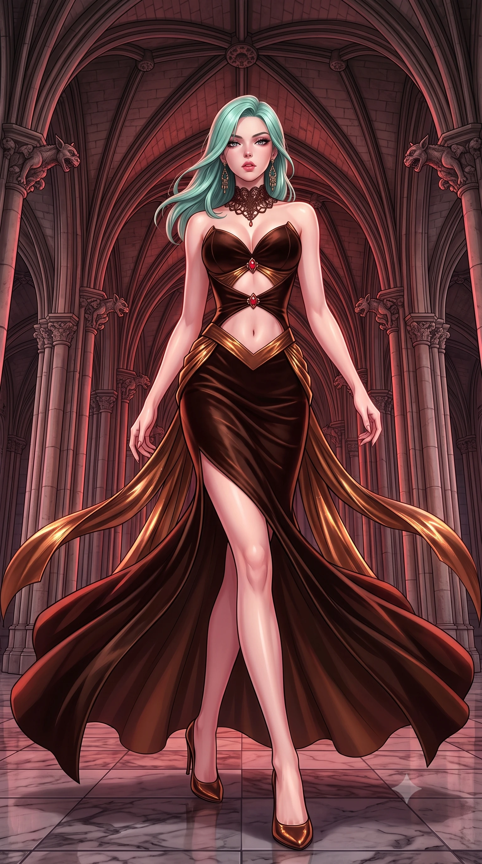 score_9, masterpiece, best quality, ultra-detailed, high-budget anime keyframe, semi-realistic 3D game render, editorial fashion photography, tasteful artistic composition, Japanese woman. low angle full-body shot from head to toe showing her feet, filling the entire 9:16 vertical frame with her statuesque presence, stretching her vertical silhouette. pivoting dynamically with supreme athletic balance, her impossibly long slender legs and ultra-slim waist creating a mesmerizing vertical line while pivoting dynamically beneath colossal gothic cathedral arches as a total lunar eclipse casts blood-crimson shadows. The surrounding environment is rendered in vivid detail and crisp panoramic clarity. intricate stone rib vaulting, gothic gargoyle carvings, and cold marble flagstone textures in deep focus. She has an absolutely perfect, statuesque 8.5-heads proportion, an exceptionally tall and slender model-like female figure with impossibly long slender legs, a toned flat midriff, and an ultra-slim waist. sharp v-shaped jawline, high-bridge nose, intricate jewel-like eyes with depth, thick eyelashes, glossy parted lips with a natural sheen, intensely captivating and seductive expression, flawlessly proportioned anatomical accuracy, strict slender model proportions, natural body alignment, perfectly sculpted long slender limbs, ultra-slim waistline, clean dynamic posture without body distortion. wearing a deep sweetheart neckline velvet ballgown with an exposed midriff cutout framed by ruby clasps in shadowy espresso brown and molten bronze, crafted from luxurious metallic lamé that shifts radiance with every step, finished with a dramatic filigree Victorian choker and chandelier earrings, the liquid-tight tailored fabric emphasizing every curve of her tall, slender model proportions and sculptured silhouette during dynamic movement. surrounded by an immortal, transcendent, and breathtakingly majestic gothic siren aura. highly saturated vibrant anime colors, detailed shading with soft gradients, rich glossy textures, high-contrast stereoscopic depth, volumetric dynamic lighting, master piece, 9:16 ratio