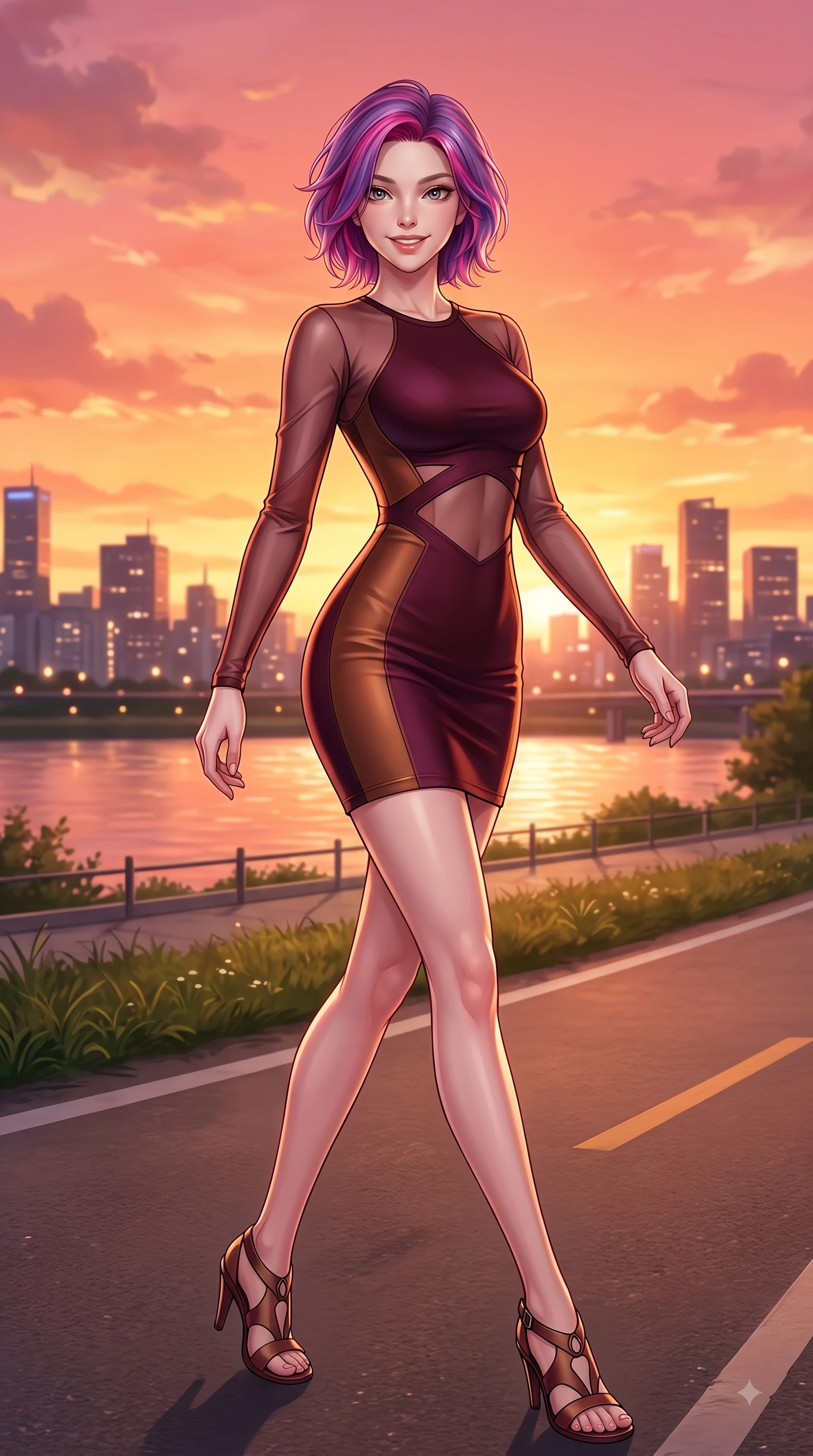 score_9, masterpiece, best quality, ultra-detailed, high-budget anime keyframe, editorial fashion photography, tasteful artistic composition, Caucasian woman. low angle full-body shot from head to toe showing her feet, filling the entire 9:16 vertical frame with her statuesque presence, stretching her vertical silhouette. forging dynamically through the scene with a fresh infectious smile, her ultra-slim waist creating a sweeping curve while pivoting in a happy stride along a riverside cycling path as golden sunset light paints the sky, city skyline silhouettes twinkling softly in the warm sunset glow. She has an absolutely perfect, statuesque 8.5-heads proportion, an exceptionally tall and slender model-like female figure with impossibly long slender legs and an ultra-slim waist. sharp v-shaped jawline, high-bridge nose, intricate jewel-like eyes with depth, thick eyelashes, glossy lips with a natural sheen, flawlessly proportioned anatomical accuracy, natural body alignment, perfectly sculpted elegant limbs, clean dynamic posture without body distortion. wearing a sleek bodycon knit dress with strategic sheer organza sleeve panels in deep burgundy and bronze, formed from sleek second-skin neoprene, featuring subtle geometric cutouts that highlight her ultra-slim midriff, the form-contouring material highlighting her ultra-slim waist and long lines. surrounded by a serene, uplifting, and romantic riverside park ambiance. highly saturated vibrant anime colors, detailed shading with soft gradients, rich glossy textures, high-contrast stereoscopic depth, volumetric dynamic lighting, master piece, 9:16 ratio