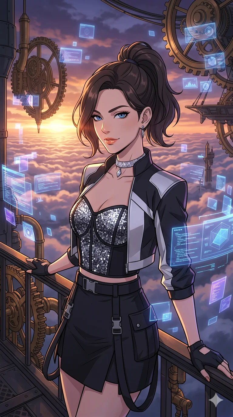score_9, masterpiece, best quality, ultra-detailed, high-budget anime movie keyframe, cinematic anime lighting, intricate line art, Caucasian (strictly human ears) woman. Upper body filling screen focusing on her alluring features and slim-fit silhouette. navigating a sea of clouds in a clockwork heart of a city surrounded by floating data-shards. She has an absolutely perfect 8-heads proportion, an exceptionally tall and slender female figure with an ultra-slim waist and impossibly long slender legs. sharp v-shaped jawline, high-bridge nose, intricate jewel-like eyes, thick eyelashes, glossy lips. Wearing luxurious K-pop idol stage outfit featuring a sparkling sequined corset, high-cut velvet shorts, and sheer silk stockings with garter belts, accessorized with crystal chokers. The scene is illuminated by dramatic atmospheric lighting and vibrant color palettes. , 2k, ultra detail, master piece, 9:16 ratio