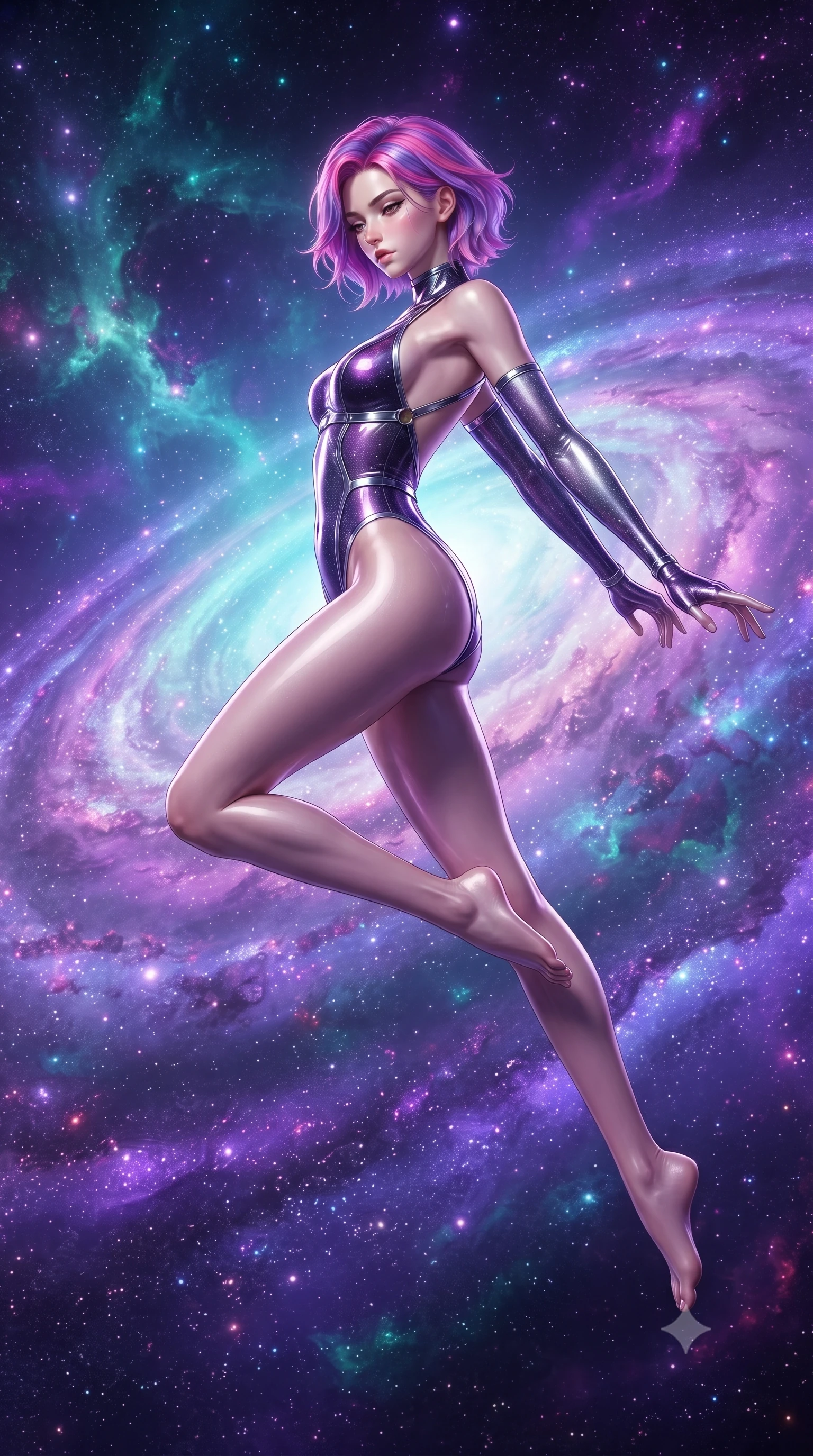 score_9, masterpiece, best quality, ultra-detailed, high-budget anime keyframe, editorial fashion photography, tasteful artistic composition, Caucasian woman. low angle full-body shot from head to toe showing her feet, filling the entire 9:16 vertical frame with her statuesque presence, stretching her vertical silhouette. leaping through mid-air with an athletic yet alluring arch of her spine, her impossibly long slender legs stretched in flawless poise while floating weightlessly inside a brilliant violet galaxy surrounded by swirling cosmic dust rings. The surrounding environment is rendered in vivid detail and crisp panoramic clarity. rich purple and turquoise cosmic gas textures rendered with environmental clarity. She has an absolutely perfect, statuesque 8.5-heads proportion, an exceptionally tall and slender model-like female figure with impossibly long slender legs and an ultra-slim waist. sharp v-shaped jawline, high-bridge nose, intricate jewel-like eyes with depth, thick eyelashes, glossy lips with a natural sheen, flawlessly proportioned anatomical accuracy, natural body alignment, perfectly sculpted elegant limbs, clean dynamic posture without body distortion. wearing a liquid chrome micro-bodysuit sculpted tightly to her figure, featuring razor-thin metallic straps and an open back in dark amethyst purple and shimmering starlight silver, tailored from semi-translucent cybernetic vinyl with glowing micro-filaments, reinforced by a sleek metallic chrome harness and delicate glowing micro-straps, the glove-like fit tightly following every curve of her statuesque athletic build. surrounded by an enchanting, weightless, and dreamily sensual cosmic atmosphere. ultra-reflective glossy finish, specular highlights, metallic sheen, high-contrast stereoscopic depth, volumetric dynamic lighting, 2k, ultra detail, master piece, 9:16 ratio