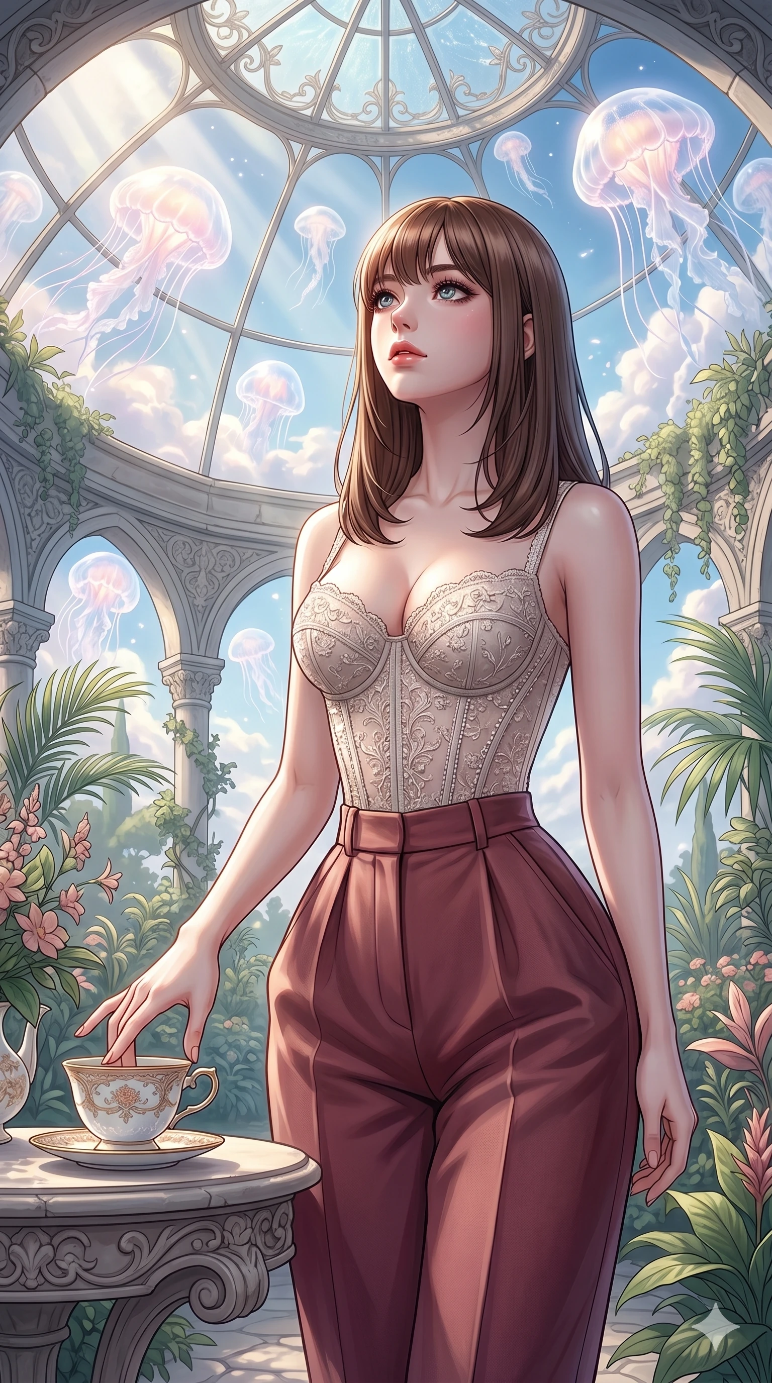 score_9, masterpiece, best quality, ultra-detailed, high-budget anime keyframe, editorial fashion photography, tasteful artistic composition, Korean woman. cowboy shot from the thighs up, character and outfit filling the frame for maximum editorial presence. resting her fingers on a porcelain tea cup, looking up in a sky garden with jellyfish clouds (Code-P17-177). She has an absolutely perfect 8-heads proportion, an exceptionally tall and slender female figure with impossibly long slender legs and an ultra-slim waist. V-shaped jawline, high-bridge nose, intricate jewel-like eyes with depth, thick eyelashes, glossy lips with a natural sheen. wearing a structured lace corset with sweetheart neckline showing cleavage. soft morning sunbeams filtering through the skylight, highlighting her high-bridge nose. 2k, ultra detail, master piece, 9:16 ratio