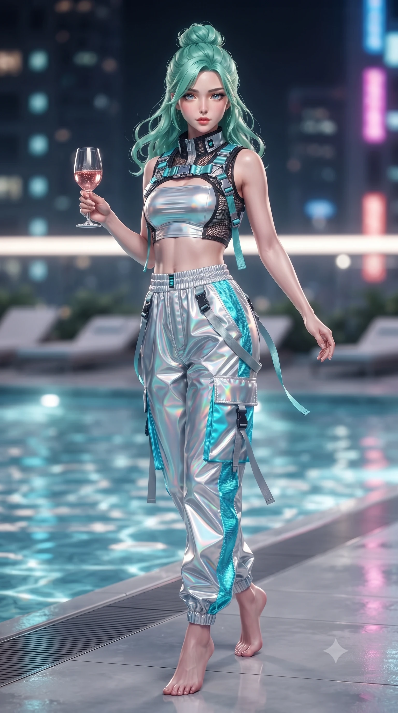 score_9, masterpiece, best quality, ultra-detailed, high-budget anime keyframe, editorial fashion photography, tasteful artistic composition, Japanese woman. low angle full-body shot from head to toe showing her feet, filling the entire 9:16 vertical frame with her statuesque presence, stretching her vertical silhouette. executing an elegant mid-motion spin with effortless grace, her garments fluttering softly around her ultra-slim waistline while holding a chilled glass of vintage rosé, casting a smoldering, confident gaze over her shoulder into the lens. The composition keeps background elements in soft focus with creamy bokeh. shimmering pool caustics and city neon reflections scattering radiant light motes across the deck. She has an absolutely perfect, statuesque 8.5-heads proportion, an exceptionally tall and slender model-like female figure with impossibly long slender legs, a toned flat midriff, and an ultra-slim waist. sharp v-shaped jawline, high-bridge nose, intricate jewel-like eyes with depth, thick eyelashes, glossy lips with a natural sheen, captivating and magnetic expression, flawlessly proportioned anatomical accuracy, strict slender model proportions, natural body alignment, perfectly sculpted long slender limbs, ultra-slim waistline, clean dynamic posture without body distortion. wearing a futuristic cropped tech-harness vest worn over a silver reflective tube top and high-rise metallic parachute cargo pants in holographic silver and electric cyan, crafted from high-gloss metallic ripstop nylon and flexible carbon mesh, detailed with heavy-duty chrome quick-release buckles and D-ring straps, the breezy yet form-flattering drape swaying gracefully with her steps, accentuating her long willowy limbs and slim waistline. surrounded by a cosmopolitan, elite, and intensely magnetic modern royalty aura. ultra-reflective glossy finish, specular highlights, rich textural contrasts, high-contrast stereoscopic depth, volumetric dynamic lighting, 2k, ultra detail, master piece, 9:16 ratio