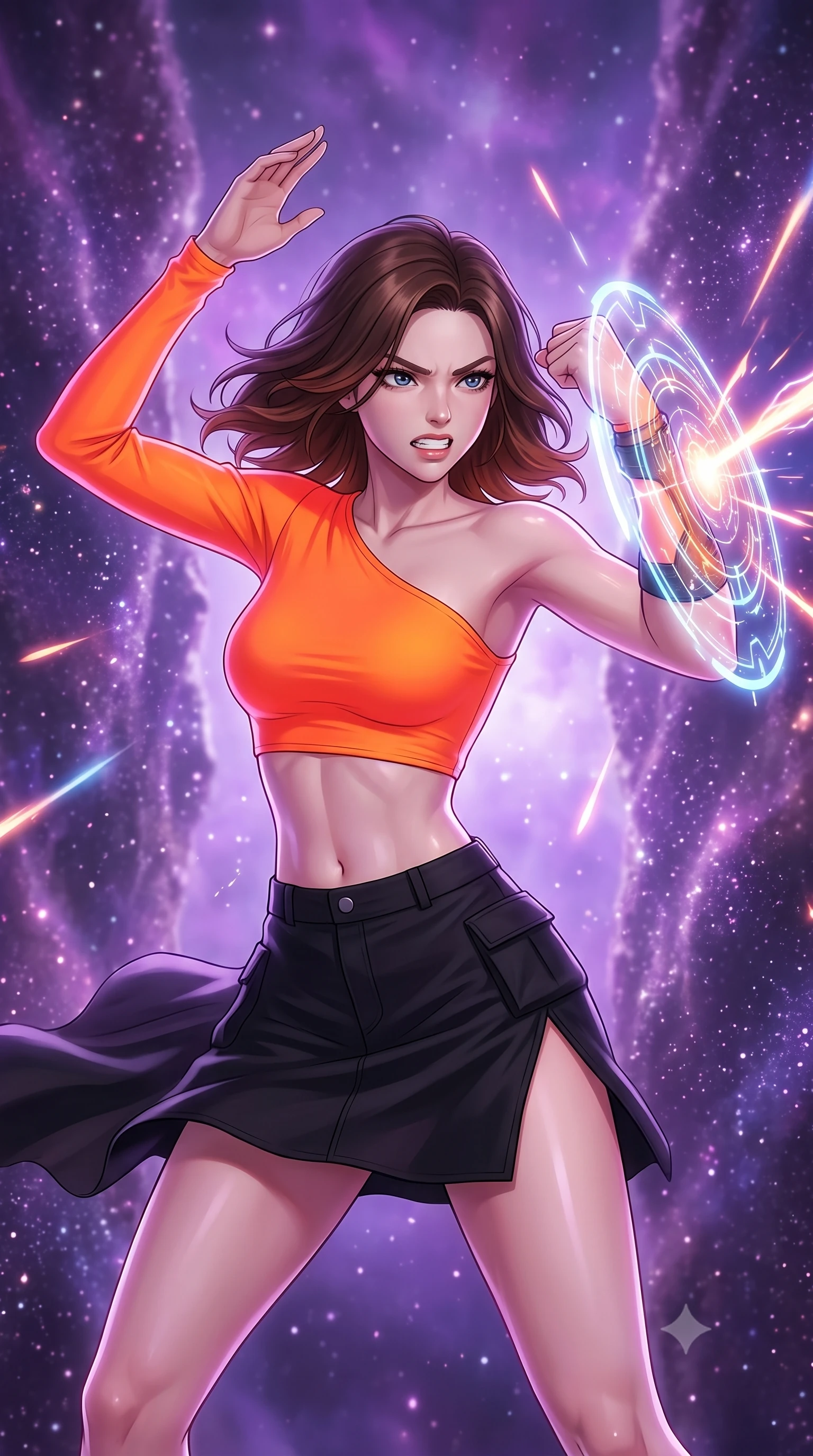 score_9, masterpiece, best quality, ultra-detailed, high-budget anime keyframe, editorial fashion photography, tasteful artistic composition, Korean woman. close-up cowboy shot from the waist and thighs up, the character dominates the composition, filling the frame with her large presence, background elements kept in soft focus. Deflecting incoming plasma bolts with a glowing energy shield attached to her forearm, teeth grit in determination. set against a soft-focus background of a narrow path between two massive walls of stellar dust in a purple nebula, cosmic dust particles glittering. She has an exceptionally elegant and slender, willowy female figure with an ultra-slim waist, a gracefully sculpted slender torso, and a refined slim physique. sharp v-shaped jawline, high-bridge nose, intricate jewel-like eyes with depth, thick eyelashes, glossy lips with a natural sheen. wearing the lightweight fabric rippling and billowing dramatically with her movement, a slim-fit asymmetric one-sleeve crop top in neon orange, paired with a black utility mini skirt featuring a high side slit. highly saturated vibrant anime colors, intense vivid color palette, soft 3D volumetric shading, volumetric dynamic lighting, soft violet ambient light with glittering dust particles catching starlight. 2k, ultra detail, master piece, 9:16 ratio