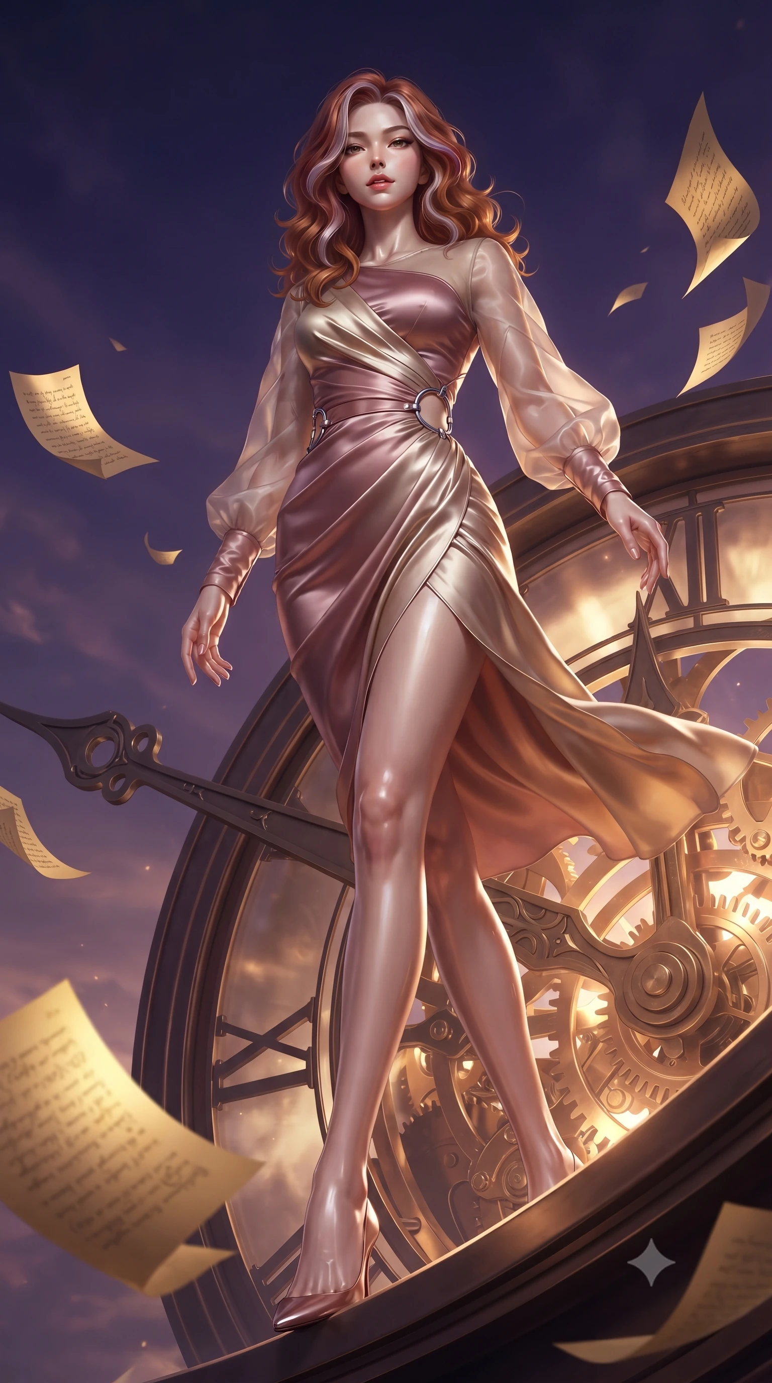 score_9, masterpiece, best quality, ultra-detailed, high-budget anime keyframe, editorial fashion photography, tasteful artistic composition, Caucasian woman. low angle full-body shot from head to toe showing her feet, filling the entire 9:16 vertical frame with her statuesque presence, stretching her vertical silhouette. pivoting dynamically in zero-gravity with fluid body alignment, displaying her perfect model proportions while stepping along a curved clockwork pendulum arm under a dramatic twilight sky, golden paper manuscript pages fluttering around her in a dynamic tempest breeze. She has an absolutely perfect, statuesque 8.5-heads proportion, an exceptionally tall and slender model-like female figure with impossibly long slender legs and an ultra-slim waist. sharp v-shaped jawline, high-bridge nose, intricate jewel-like eyes with depth, thick eyelashes, glossy lips with a natural sheen, flawlessly proportioned anatomical accuracy, natural body alignment, perfectly sculpted elegant limbs, clean dynamic posture without body distortion. wearing a sleek bodycon knit dress with strategic sheer organza sleeve panels in dusty rose and champagne gold, crafted from lustrous satin jersey with fluid draping, accented with delicate chrome ring hardware framing her waist, the elegant draped fit framing her graceful clavicle and slender torso. surrounded by a contrast of deep violet sky and radiant bronze mechanical light. ultra-reflective glossy finish, specular highlights, metallic sheen, high-contrast stereoscopic depth, volumetric dynamic lighting, 2k, ultra detail, master piece, 9:16 ratio