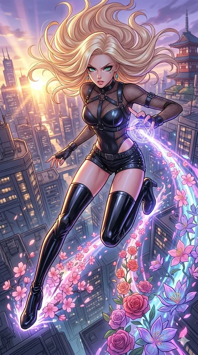 score_9, masterpiece, best quality, ultra-detailed, high-budget anime movie keyframe, cinematic anime lighting, intricate line art, Japanese woman. Extreme high angle shot as she leaps towards the camera, filling the frame. casting a spell that turns