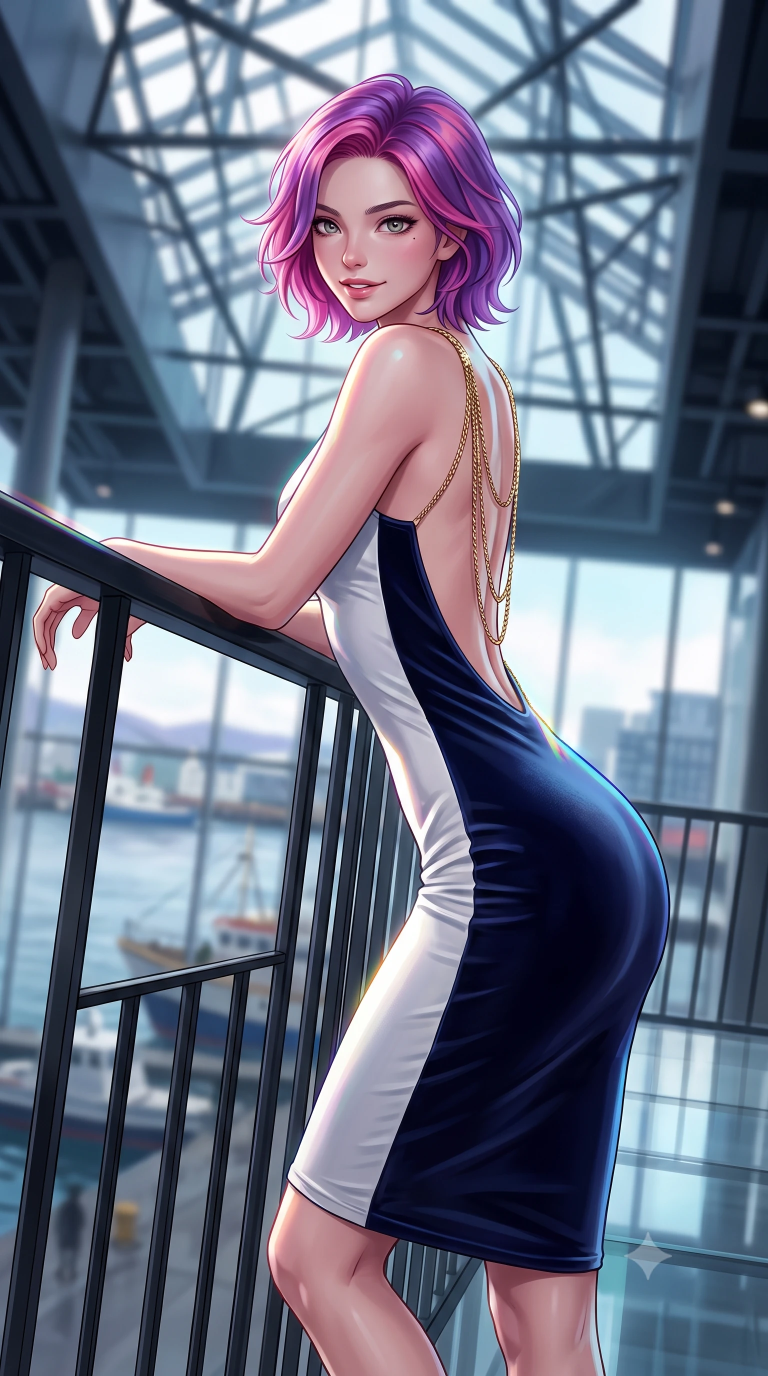 score_9, masterpiece, best quality, ultra-detailed, high-budget anime keyframe, editorial fashion photography, tasteful artistic composition, Caucasian woman. close-up cowboy shot from the waist and thighs up, the character dominates the composition, filling the frame with her large presence. leaning forward while arching her lower back to accentuate her curvy hips, looking into the camera with an intoxicating smoldering gaze and bedroom-eyes while leaning against the cantilevered black steel atrium balustrade with hips cocked back, looking out over Reykjavik harbor with smoldering bedroom-eyes. The background shows a soft-focus soaring architectural ceiling voids softened in iconic Nordic cultural landmark shallow focus. She has an exceptionally elegant, slender, and willowy female figure with an ultra-slim waist, flat toned midriff, narrow ribcage, and sculpted feminine hips creating an alluring, slim hourglass silhouette without bulk. sharp v-shaped jawline, high-bridge nose, intricate jewel-like sparkling eyes with depth, thick eyelashes, glossy parted lips with a natural peach sheen, bright cheerful beaming smile with an enchanting and coquettish sensual glint, exuding both youthful cute charm and seductive allure, flawlessly proportioned anatomical accuracy, strict slender model proportions, natural body alignment, perfectly sculpted long slender limbs, ultra-slim waistline, clean dynamic posture without body distortion. wearing a glove-like stretch modal tank dress adhering tightly to her flat midriff and feminine hips in Mount Fuji snow-peak white and midnight indigo silk, tailored from ultra-plush silk velvet with rich tactile depth and deep shadow gradients, accented with an open-back drape framed by falling strands of delicate gold chains, the form-contouring silhouette accentuating her sculpted flat midriff, narrow delicate ribcage, and gracefully curvy hips with intoxicating allure. illuminated by glass floor reflection bounce and sharp prism-rainbow rim lights defining her razor-sharp jawline, narrow waist, and curvy hips. ultra-reflective glossy finish, specular highlights, rich textural contrasts, high-contrast stereoscopic depth, volumetric dynamic lighting, 2k, ultra detail, master piece, 9:16 ratio