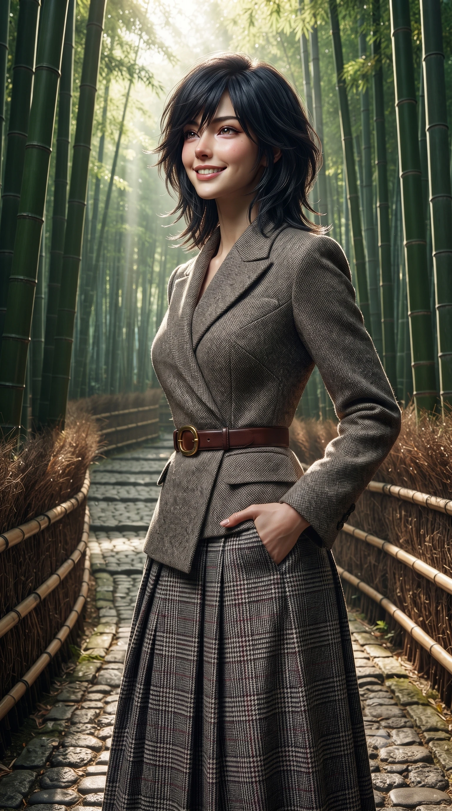 score_9, masterpiece, best quality, ultra-detailed, high-budget anime keyframe, editorial fashion photography, tasteful artistic composition, Caucasian woman. close-up cowboy shot from the waist and thighs up, the character dominates the composition, filling the frame with her large presence. standing poised with one hand slipped into her tailored trouser pocket, head tilted in a friendly, engaging expression while standing poised between towering emerald bamboo stalks, looking back along the stone pathway with an enchanting, radiant smile. The surrounding environment is rendered in vivid detail and crisp panoramic clarity: sharp vertical ridges on bamboo stalks, textured cobblestones on forest path, and woven bamboo railing cordage in deep focus. She has an exceptionally elegant, slender, and willowy female figure with an ultra-slim waist, flat toned midriff, narrow ribcage, and sculpted feminine hips creating an alluring, slim hourglass silhouette without bulk. sharp v-shaped jawline, high-bridge nose, intricate jewel-like sparkling eyes with depth, thick eyelashes, glossy parted lips with a natural peach sheen, bright cheerful beaming smile with an enchanting and coquettish sensual glint, exuding both youthful cute charm and seductive allure, flawlessly proportioned anatomical accuracy, strict slender model proportions, natural body alignment, perfectly sculpted long slender limbs, ultra-slim waistline, clean dynamic posture without body distortion. wearing an asymmetrical-wrap tailored wool jacket with clean geometric lines paired with a structured pleated maxi skirt in classic glen plaid monochrome with subtle wine red accent, crafted from ultra-soft Mongolian cashmere with exquisite insulating warmth and tactile softness, finished with a smooth equestrian bridle-leather belt with a polished brass horseshoe buckle, the precision-cut high-waisted tailoring accentuating her ultra-slim waist and long slender leg line with immaculate aristocratic poise. bathed in ethereal shafts of morning sunlight (komorebi) piercing through dense emerald bamboo canopies. ultra-reflective glossy finish, specular highlights, rich textural contrasts, high-contrast stereoscopic depth, volumetric dynamic lighting, 2k, ultra detail, master piece, 9:16 ratio