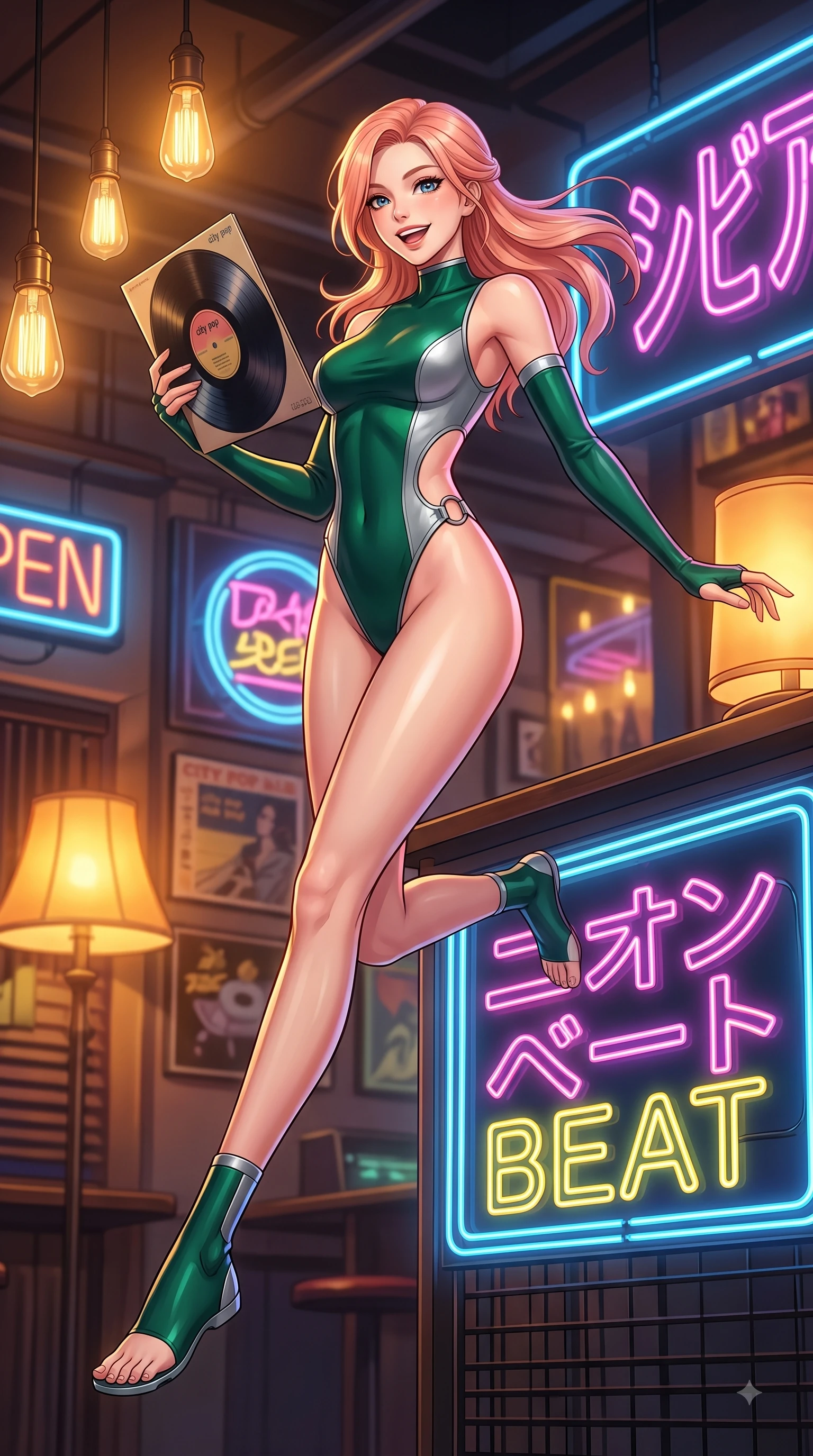 score_9, masterpiece, best quality, ultra-detailed, high-budget anime keyframe, editorial fashion photography, tasteful artistic composition, Japanese woman. low angle full-body shot from head to toe showing her feet, filling the entire 9:16 vertical frame with her statuesque presence, stretching her vertical silhouette. leaping with pure youthful energy through mid-air with a radiant bright smile, her impossibly long slender legs stretched in balance while pivoting dynamically near a neon music sign while holding a vintage record sleeve, warm amber Edison bulb lamps and neon signs scattering cozy golden highlights. She has an absolutely perfect, statuesque 8.5-heads proportion, an exceptionally tall and slender model-like female figure with impossibly long slender legs and an ultra-slim waist. sharp v-shaped jawline, high-bridge nose, intricate jewel-like eyes with depth, thick eyelashes, glossy lips with a natural sheen, flawlessly proportioned anatomical accuracy, natural body alignment, perfectly sculpted elegant limbs, clean dynamic posture without body distortion. wearing an asymmetrical high-cut tech-bodysuit with detached sleeves in deep emerald green and silver accent, formed from sleek second-skin neoprene, accented with delicate chrome ring hardware framing her waist, the glove-like fit emphasizing her statuesque silhouette during motion. bathed in warm golden amber lamp glow and retro neon rim light. highly saturated vibrant anime colors, detailed shading with soft gradients, rich glossy textures, high-contrast stereoscopic depth, volumetric dynamic lighting, master piece, 9:16 ratio