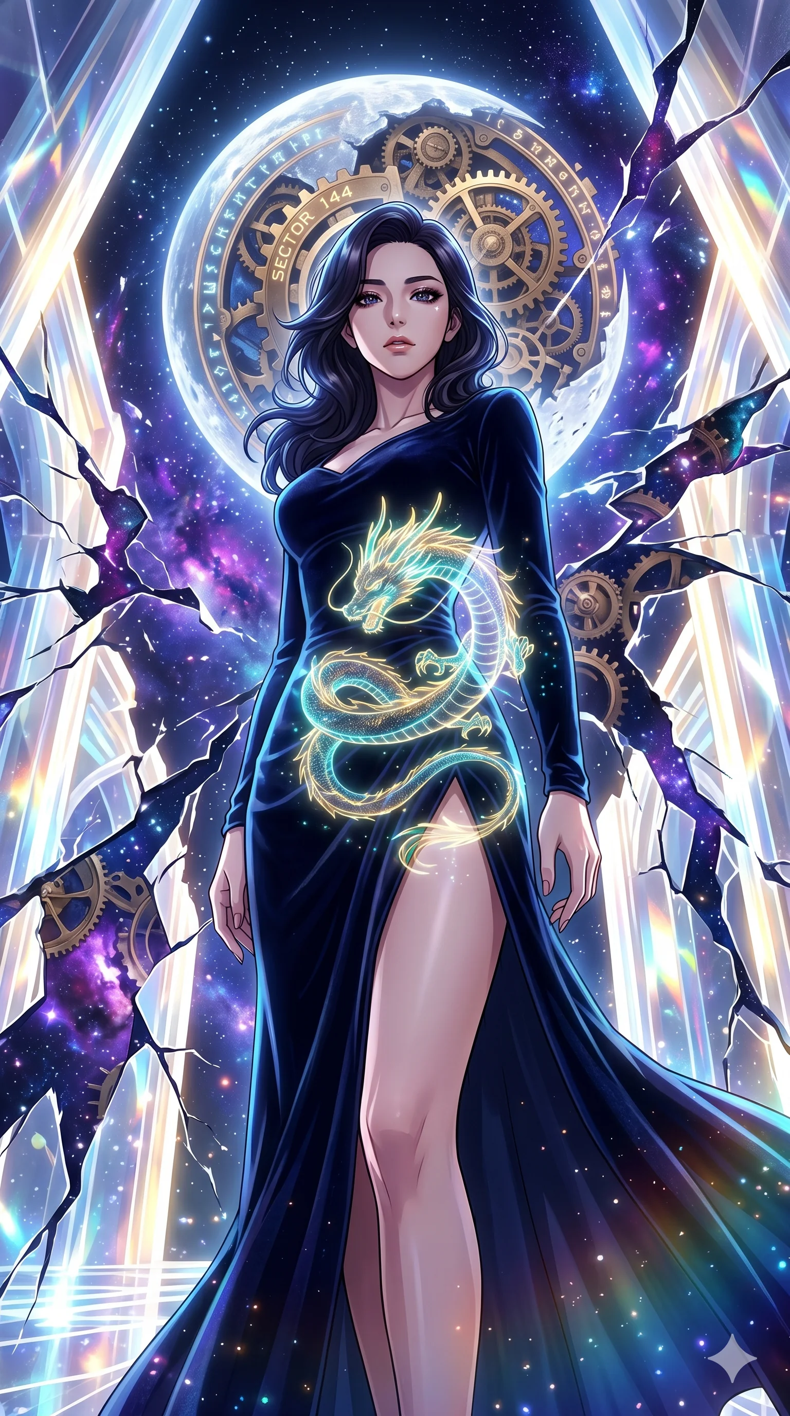 score_9, masterpiece, best quality, ultra-detailed, Set A: High-budget Anime Keyframe, Korean woman. Low angle cowboy shot filling the entire 9:16 frame with her statuesque presence. Theme: Abstract Cosmic. shattering the fabric of reality in a temple made of solid light, with a massive clockwork moon ticking behind her as sector 144. The atmosphere is filled with a swirling vortex of stars. She has an absolutely perfect 8-heads proportion, an exceptionally tall and slender female figure with impossibly long slender legs and an ultra-slim waist. Sharp v-shaped jawline, high-bridge nose, intricate jewel-like eyes with depth, glossy lips. Wearing High-slit velvet gown with integrated holographic projection of a dragon. Cinematic lighting, vivid colors, dramatic shadows, 2k, ultra detail, master piece, 9:16 ratio