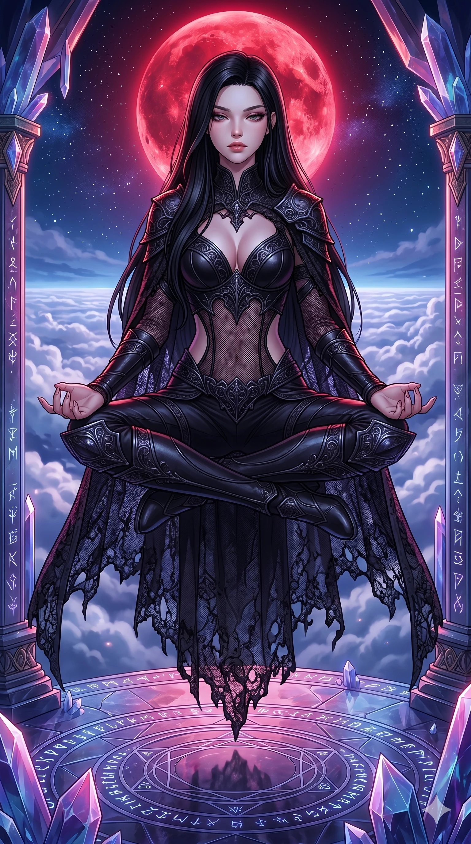 score_9, masterpiece, best quality, ultra-detailed, high-budget anime movie keyframe, cinematic anime lighting, intricate line art, Caucasian (strictly human ears) woman. Upper body filling screen focusing on her alluring features and slim-fit silhouette. meditating peacefully in a crystal palace above the clouds under a blood moon. She has an absolutely perfect 8-heads proportion, an exceptionally tall and slender female figure with an ultra-slim waist and impossibly long slender legs. sharp v-shaped jawline, high-bridge nose, intricate jewel-like eyes, thick eyelashes, glossy lips. Wearing dark fantasy gothic leather armor with ornate obsidian plates, a tattered lace cape, and sheer mesh cut-outs at the midriff, exuding a mysterious allure. The scene is illuminated by dramatic atmospheric lighting and vibrant color palettes. , 2k, ultra detail, master piece, 9:16 ratio