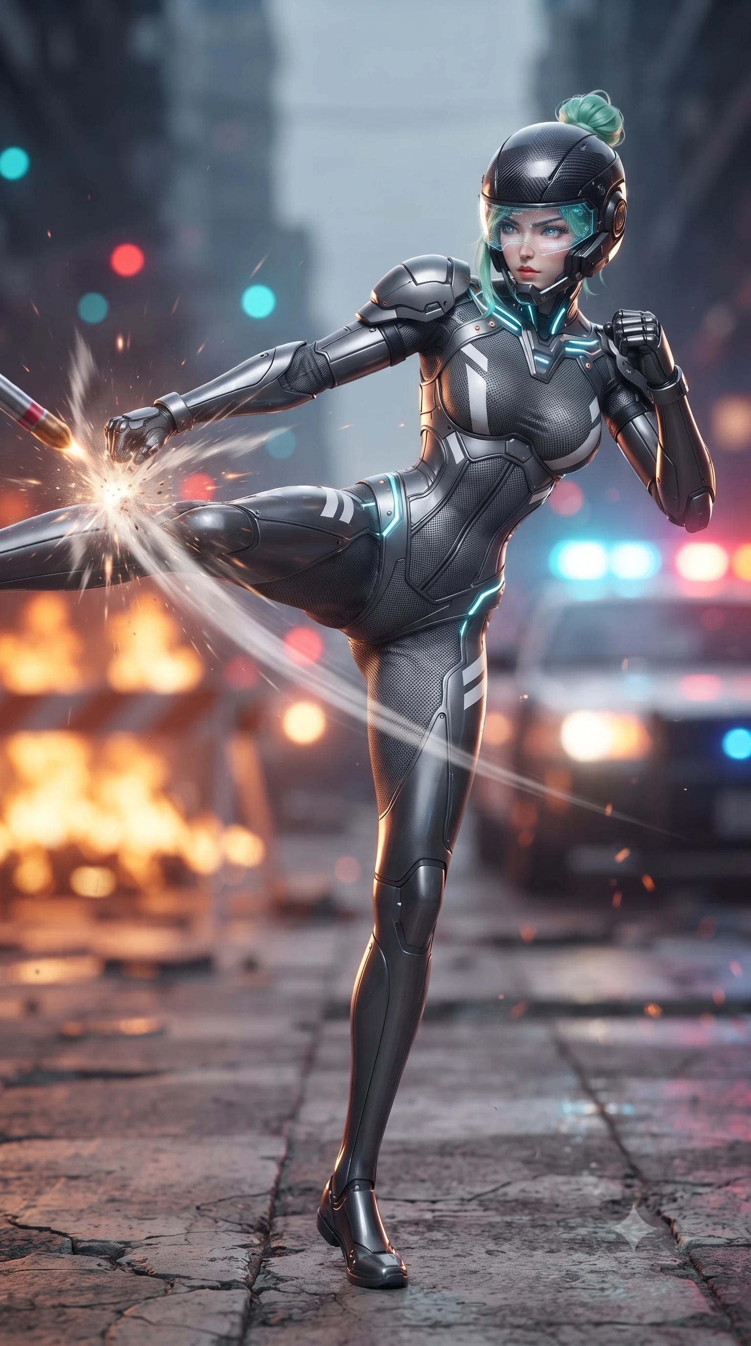 score_9, masterpiece, best quality, ultra-detailed, high-budget anime keyframe, editorial fashion photography, tasteful artistic composition, Japanese woman. low angle full-body shot from head to toe showing her feet, filling the entire 9:16 vertical frame with her statuesque presence, stretching her vertical silhouette. pivoting dynamically in a high-speed low sweep kick along the cracked concrete, her athletic torso and ultra-slim waist twisting in a fluid arc of power while delivering a sweeping roundhouse kick that deflects an incoming kinetic projectile with thunderous impact. The composition keeps background elements in soft focus with creamy bokeh. blazing barricade fires and flashing police barricade strobe lights blurred into dazzling crimson, amber, and electric cyan bokeh. She has an absolutely perfect, statuesque 8.5-heads proportion, an exceptionally tall and slender model-like female figure with impossibly long slender legs, a toned flat midriff, and an ultra-slim waist. sharp v-shaped jawline, high-bridge nose, intricate jewel-like eyes with depth, thick eyelashes, glossy lips with a natural sheen, fierce and resolute heroine expression, flawlessly proportioned anatomical accuracy, strict slender model proportions, natural body alignment, perfectly sculpted long slender limbs, ultra-slim waistline, clean dynamic posture without body distortion. wearing an open-face aerodynamic carbon-fiber combat helmet with a retracted transparent holographic HUD visor framing her sharp jawline and jewel-like eyes, paired with a statuesque high-fashion cyber-warrior armor suit with platinum bevels, heavy articulated shoulder guards, and an ultra-slim waist-cinching corset in storm-grey carbon mesh with high-contrast white hazard stripes, tailored from flexible second-skin ballistic carbon-mesh adhering flawlessly to her athletic build, accented with glowing fiber-optic telemetry conduits tracing her collarbones and hip curves, the form-contouring material adhering flawlessly to her sculpted flat midriff and slender torso, emphasizing her long leg lines and perfectly proportioned willowy build. illuminated by crisp white key lighting with sharp specular highlights tracing her slender athletic build. ultra-reflective glossy finish, specular highlights, dark metallic sheen, high-contrast stereoscopic depth, volumetric dynamic lighting, 2k, ultra detail, master piece, 9:16 ratio