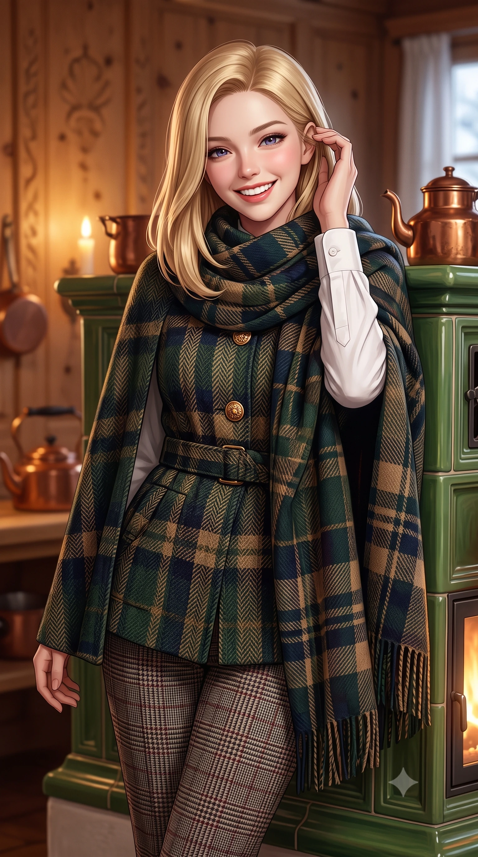 score_9, masterpiece, best quality, ultra-detailed, high-budget anime keyframe, semi-realistic 3D game render, editorial fashion photography, tasteful artistic composition, Korean woman. close-up cowboy shot from the waist and thighs up, the character dominates the composition, filling the frame with her large presence. gently brushing a lock of hair behind her ear with one hand while flashing a radiant, joyful smile while leaning against the warm ceramic tiles of the traditional Kachelofen stove, wrapped in a luxurious blanket scarf with cozy contented grace. The background shows a soft-focus hand-carved Swiss stone pine wood walls, painted green ceramic stove tiles, and copper kettles blurred into warm honey, forest green, and amber bokeh. She has an exceptionally elegant, slender, and willowy female figure with an ultra-slim waist, flat toned midriff, narrow ribcage, and sculpted feminine hips creating an alluring, slim hourglass silhouette without bulk. sharp v-shaped jawline, high-bridge nose, intricate jewel-like sparkling eyes with depth, thick eyelashes, glossy parted lips with a natural peach sheen, bright cheerful beaming smile with an enchanting and coquettish sensual glint, exuding both youthful cute charm and seductive allure, flawlessly proportioned anatomical accuracy, strict slender model proportions, natural body alignment, perfectly sculpted long slender limbs, ultra-slim waistline, clean dynamic posture without body distortion. wearing an elegant tailored cape coat in brushed wool worn over a crisp white cotton shirt and tailored cigarette pants in classic glen plaid monochrome with subtle wine red accent, tailored from heritage British Harris Tweed with rich multi-tonal yarn weave, accented with an ornate 24k gold lion-embossed crest button along the front closure, the structured cinched belt emphasizing her narrow waistline and gracefully balanced proportions with timeless haute-couture polish. bathed in cozy 2700K warm ambient candlelight and soft porcelain stove radiance combined with cool winter window light. highly saturated vibrant anime colors, detailed shading with soft gradients, rich glossy textures, high-contrast stereoscopic depth, volumetric dynamic lighting, master piece, 9:16 ratio
