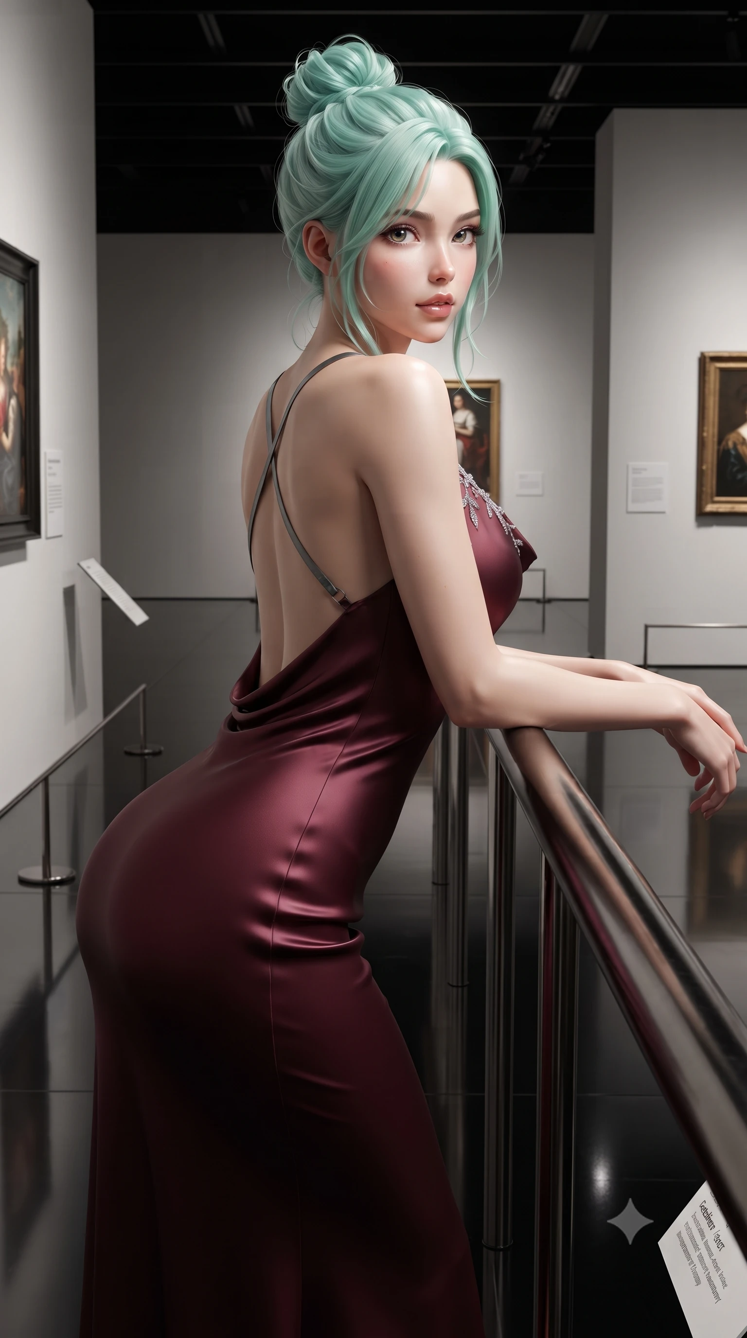 score_9, masterpiece, best quality, ultra-detailed, high-budget anime keyframe, editorial fashion photography, tasteful artistic composition, Japanese woman. close-up cowboy shot from the waist and thighs up, the character dominates the composition, filling the frame with her large presence. leaning forward against the polished railing with her hips cocked back, creating an intoxicating curve from her narrow waist to sculpted hips as she gazes back into the lens while gliding across the high-gloss black epoxy floor with sovereign elegance, glancing over a bare shoulder with parted glossy lips. The surrounding environment is rendered in vivid detail and crisp panoramic clarity. detailed tailored dress seam lines, mirror reflection clarity, and gallery placard typography in high resolution. She has an exceptionally elegant, slender, and willowy female figure with an ultra-slim waist, flat toned midriff, narrow ribcage, and sculpted feminine hips creating an alluring, slim hourglass silhouette without bulk. sharp v-shaped jawline, high-bridge nose, intricate jewel-like eyes with depth, thick eyelashes, glossy parted lips with a natural sheen, intensely captivating and seductive bedroom-eyes expression, flawlessly proportioned anatomical accuracy, strict slender model proportions, natural body alignment, perfectly sculpted long slender limbs, ultra-slim waistline, clean dynamic posture without body distortion. wearing a backless cowl-neck satin slip dress featuring high-cut side hip slits and delicate criss-cross back straps in deep wine burgundy and brushed dark platinum, tailored from ultra-smooth duchess satin with a pearlescent sheen, finished with delicate crystal frost embroidery tracing the plunging neckline, the form-contouring material adhering flawlessly to her sculpted flat midriff and slender torso, emphasizing her long leg lines and perfectly proportioned willowy build. surrounded by a sophisticated, avant-garde, and dangerously seductive art-world muse aura. ultra-reflective glossy finish, specular highlights, rich textural contrasts, high-contrast stereoscopic depth, volumetric dynamic lighting, 2k, ultra detail, master piece, 9:16 ratio