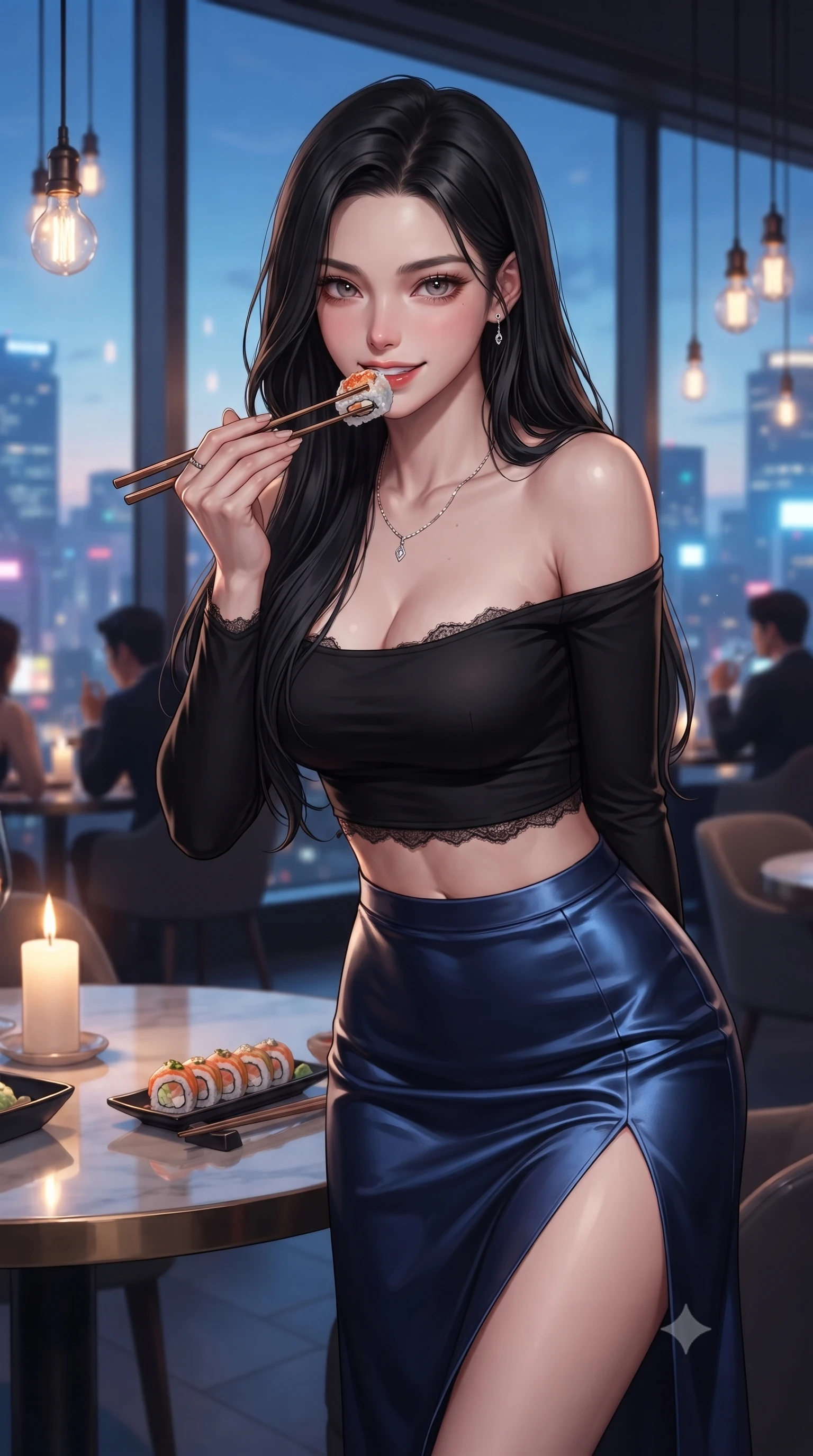 score_9, masterpiece, best quality, ultra-detailed, high-budget anime keyframe, editorial fashion photography, tasteful artistic composition, Korean woman. close-up cowboy shot from the waist and thighs up, the character dominates the composition, filling the frame with her large presence, background elements kept in soft focus. leaning slightly forward with a playful, sultry smile that holds direct, intense eye contact set against a soft-focus background of inside a modern rooftop restaurant overlooking a bright city skyline holding a pair of chopsticks with a cute, excited look before eating. She has an exceptionally elegant, slender, and willowy female figure with an ultra-slim waist, a gracefully sculpted slender torso, and a refined silhouette. sharp v-shaped jawline, high-bridge nose, intricate jewel-like eyes with depth, thick eyelashes, glossy lips with a natural sheen. wearing slim-fit stylish off-shoulder crop top paired with a high-slit satin midi skirt. soft candle light clashing with the cool blue city twilight sky outside. ultra-reflective glossy finish, specular highlights, metallic sheen, high-contrast stereoscopic depth, volumetric dynamic lighting, 2k, ultra detail, master piece, 9:16 ratio