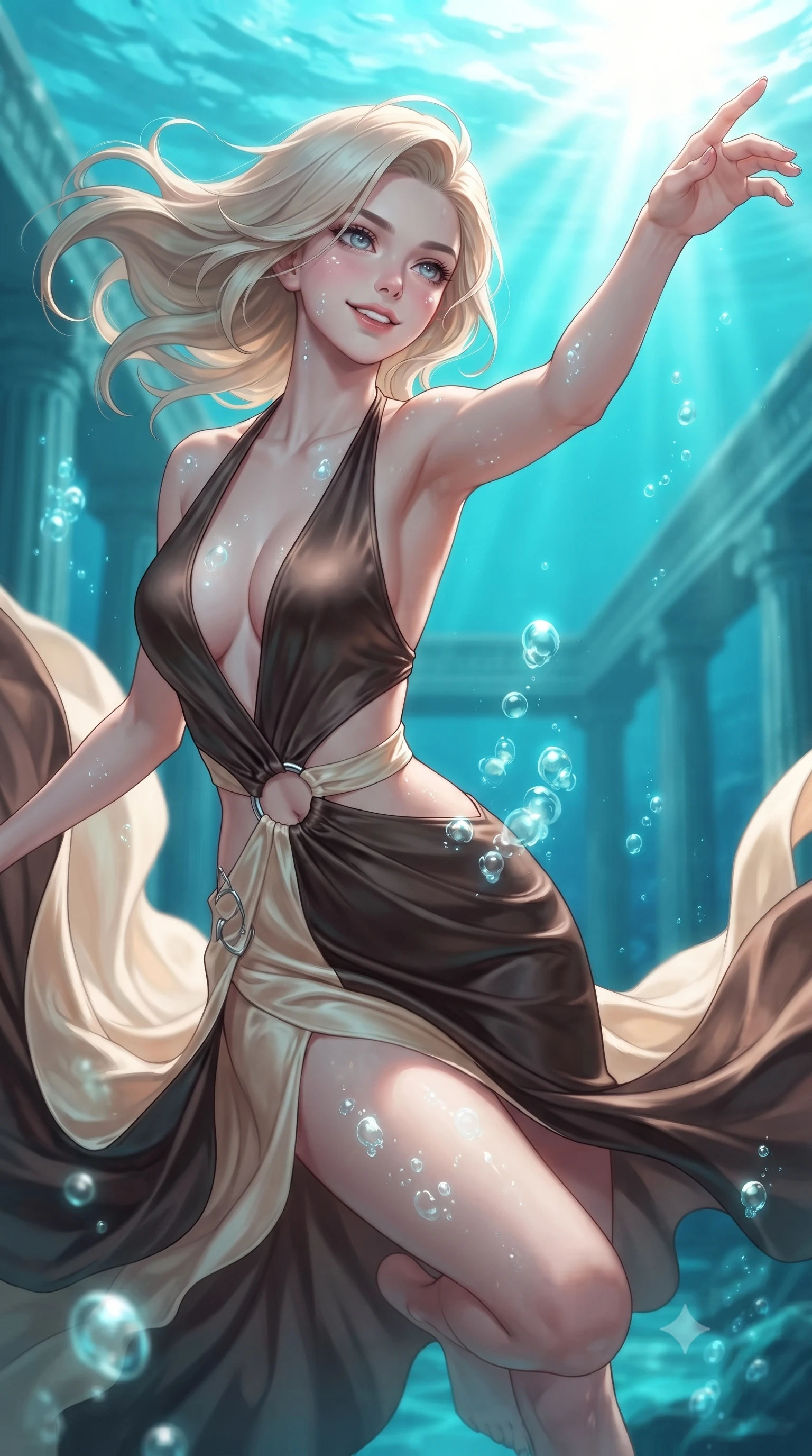 score_9, masterpiece, best quality, ultra-detailed, high-budget anime keyframe, editorial fashion photography, tasteful artistic composition, Caucasian woman. close-up cowboy shot from the waist and thighs up, the character dominates the composition, filling the frame with her large presence, background elements kept in soft focus. Extending one arm in an elegant stretch toward the light while smiling with magnetic self-assurance while gliding dynamically through a sunken colonnade as ocean currents swirl her flowing gown, rising bioluminescent bubbles casting soft pearl-like highlights on her skin. She has an exceptionally elegant, slender, and willowy female figure with an ultra-slim waist, a gracefully sculpted slender torso, and a refined silhouette. sharp v-shaped jawline, high-bridge nose, intricate jewel-like eyes with depth, thick eyelashes, glossy lips with a natural sheen, flawlessly proportioned anatomical accuracy, natural body alignment, perfectly sculpted elegant limbs, clean dynamic posture without body distortion. wearing a deep-scoop halter bodycon dress with hip cutouts connected by silver rings in espresso brown and warm cream, crafted from lustrous satin jersey with fluid draping, accented with delicate chrome ring hardware framing her waist, the sleek second-skin texture accentuating her magnetic presence. bathed in brilliant sun-drenched water rays and luminous turquoise caustic glow. ultra-reflective glossy finish, specular highlights, metallic sheen, high-contrast stereoscopic depth, volumetric dynamic lighting, 2k, ultra detail, master piece, 9:16 ratio
