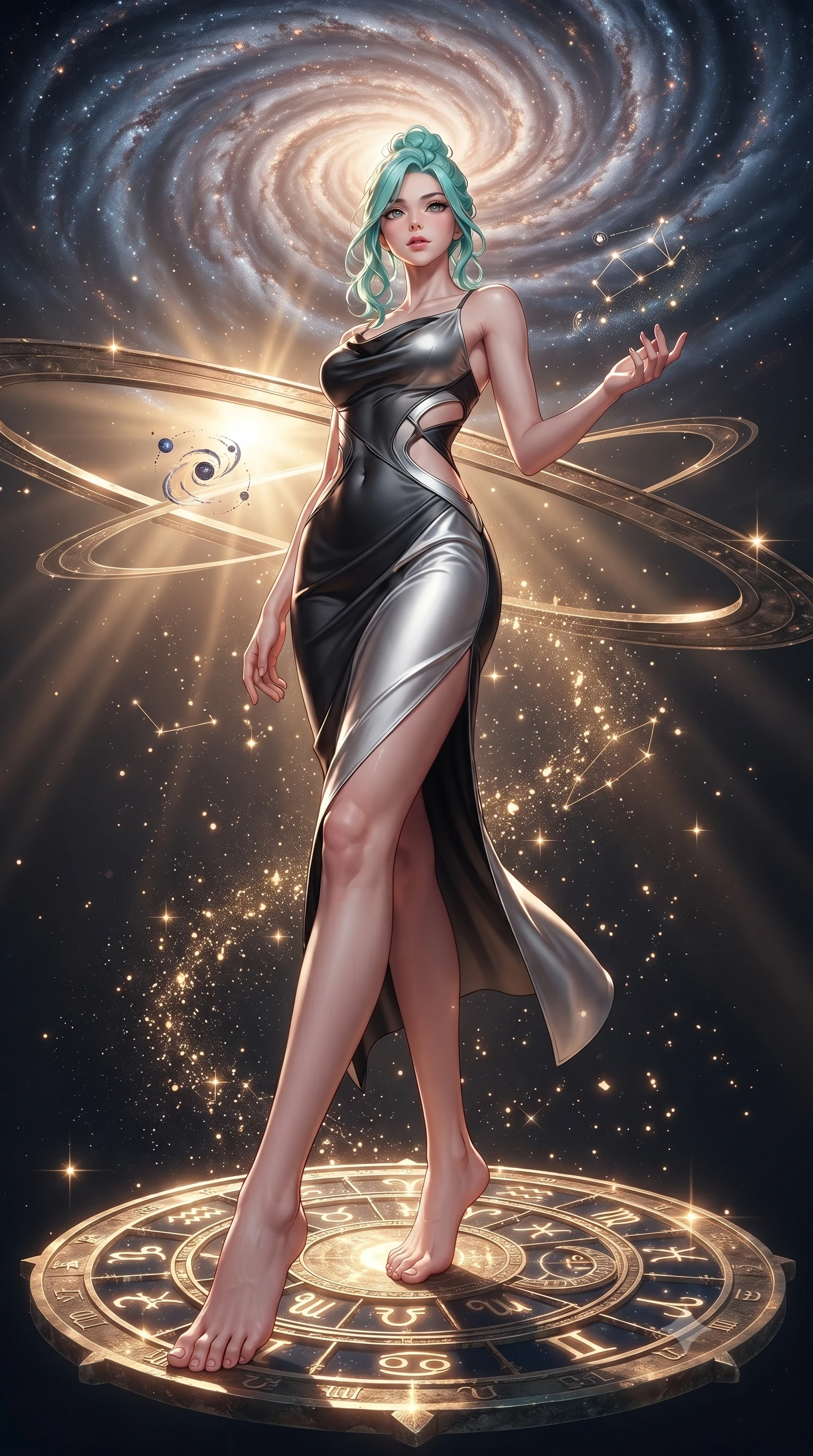 score_9, masterpiece, best quality, ultra-detailed, high-budget anime keyframe, editorial fashion photography, tasteful artistic composition, Japanese woman. low angle full-body shot from head to toe showing her feet, filling the entire 9:16 vertical frame with her statuesque presence, stretching her vertical silhouette. interacting gracefully with the magical floating elements while maintaining a confident posture standing on a floating zodiac dial beneath a swirling spiral nebula, starlight particles falling like a golden shower around her. She has an absolutely perfect, statuesque 8.5-heads proportion, an exceptionally tall and slender model-like female figure with impossibly long slender legs and an ultra-slim waist. sharp v-shaped jawline, high-bridge nose, intricate jewel-like eyes with depth, thick eyelashes, glossy lips with a natural sheen. wearing an elegant cowl-neck satin midi dress with a draped neckline in matte black and polished silver, crafted from lustrous satin jersey with fluid draping, featuring clean architectural cutouts along her slender torso, the tailored fabric tightly following every curve of her athletic build. bathed in warm sunbursts filtering through floating orbital rings. ultra-reflective glossy finish, specular highlights, metallic sheen, high-contrast stereoscopic depth, volumetric dynamic lighting, 2k, ultra detail, master piece, 9:16 ratio