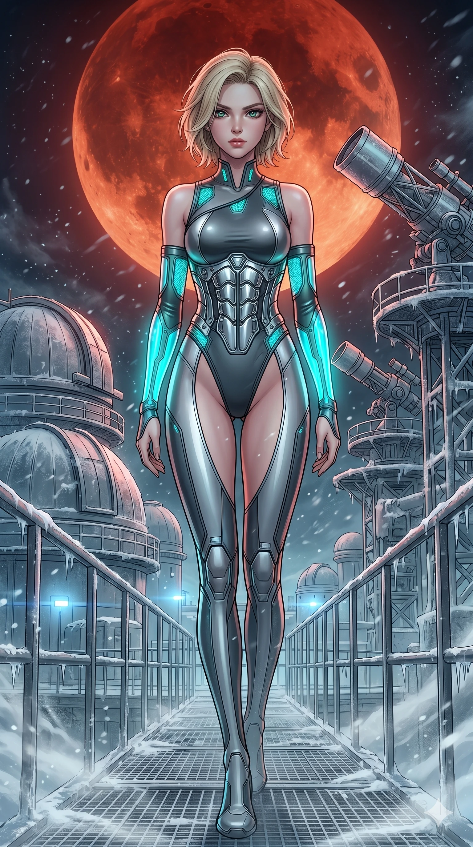 score_9, masterpiece, best quality, ultra-detailed, high-budget anime movie keyframe, cinematic anime lighting, intricate line art, Korean woman. Low angle cowboy shot filling the entire 9:16 frame with her statuesque presence. walking through a blizzard in a lunar observatory under a blood moon. She has an absolutely perfect 8-heads proportion, an exceptionally tall and slender female figure with an ultra-slim waist and impossibly long slender legs. sharp v-shaped jawline, high-bridge nose, intricate jewel-like eyes, thick eyelashes, glossy lips. Wearing asymmetrical high-cut tech-bodysuit with detached glowing sleeves, chrome-plated mechanical corset, and bioluminescent mesh panels clinging to her slender figure. The scene is illuminated by dramatic atmospheric lighting and vibrant color palettes. , 2k, ultra detail, master piece, 9:16 ratio