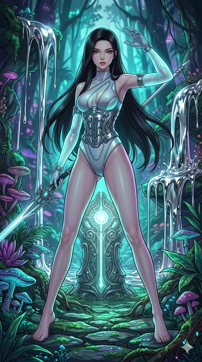 score_9, masterpiece, best quality, ultra-detailed, high-budget anime movie keyframe, cinematic anime lighting, intricate line art, Japanese woman. Low angle cowboy shot filling the entire 9:16 frame with her statuesque presence. defending a sacred r