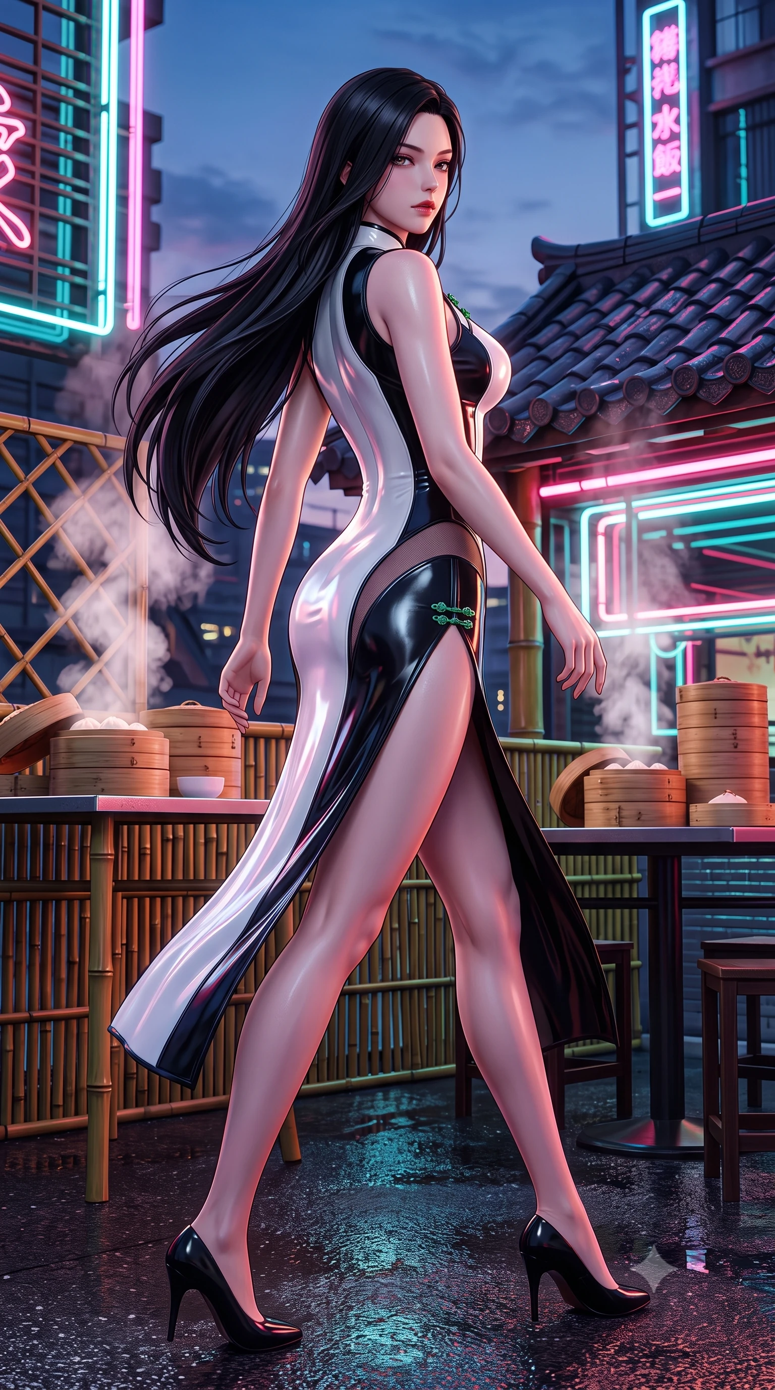 score_9, masterpiece, best quality, ultra-detailed, high-budget anime keyframe, semi-realistic 3D game render, editorial fashion photography, tasteful artistic composition, Korean woman. low angle full-body shot from head to toe showing her feet, filling the entire 9:16 vertical frame with her statuesque presence, stretching her vertical silhouette. posing with back turned slightly to the lens, glancing back with smoldering allure as she arches her lower back to emphasize her sculpted feminine hips and slender waist while striding across the neon-drenched rooftop deck as steam curls from dim sum bamboo steamers, her high-slit dress fluttering to reveal her long slender legs. The surrounding environment is rendered in vivid detail and crisp panoramic clarity. sharp bamboo lattice textures, wet ceramic roof tiles, and glowing neon tube reflections in deep focus. She has an absolutely perfect, statuesque 8.5-heads proportion, an exceptionally tall and slender model-like female figure with impossibly long slender legs, a toned flat midriff, an ultra-slim waist, and beautifully sculpted feminine hips. sharp v-shaped jawline, high-bridge nose, intricate jewel-like eyes with depth, thick eyelashes, glossy parted lips with a natural sheen, intensely captivating and seductive bedroom-eyes expression, flawlessly proportioned anatomical accuracy, strict slender model proportions, natural body alignment, perfectly sculpted long slender limbs, ultra-slim waistline, clean dynamic posture without body distortion. wearing a second-skin vinyl cheongsam catsuit with sheer mesh side panels tracing the full curve of her hip in high-contrast monochrome white and glossy black, made of seamless compression knit with anatomical curves sculpting, finished with an ultra-high side slit secured by miniature jade frog closures, the form-contouring material adhering flawlessly to her sculpted flat midriff and slender torso, emphasizing her long leg lines and perfectly proportioned willowy build. illuminated by wet specular asphalt bounce lights sharply sculpting her narrow waist and rounded hips. highly saturated vibrant anime colors, detailed shading with soft gradients, rich glossy textures, high-contrast stereoscopic depth, volumetric dynamic lighting, master piece, 9:16 ratio