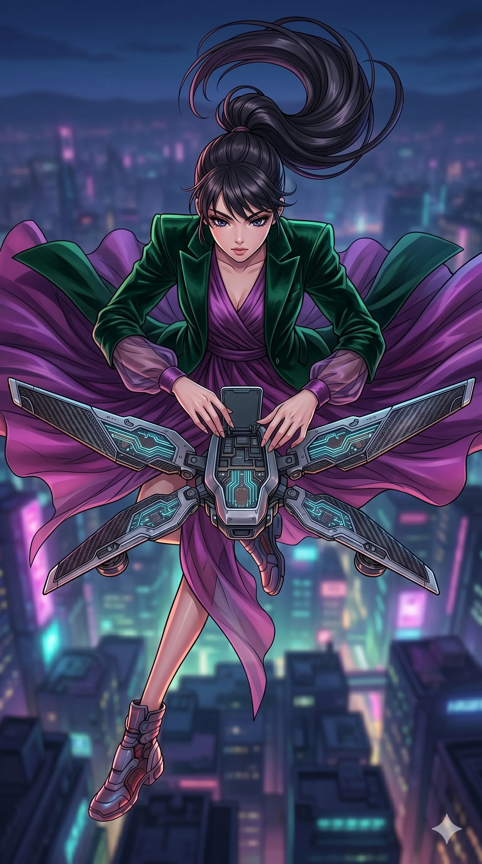 score_9, masterpiece, best quality, ultra-detailed, high-budget anime movie keyframe, cinematic anime lighting, intricate line art, Korean woman. Extreme high angle shot as she leaps towards the camera, filling the frame. reparing a drone's wings as it hovers in front of her. She has an graceful and slender female figure with elegant proportions. strictly human anatomy, two legs only, no extra limbs, clearly defined legs and arms, well-defined anatomy, perfect hands and fingers. sharp v-shaped jawline, high-bridge nose, intricate jewel-like eyes, thick eyelashes, glossy lips. Wearing High-Fashion Editorial: Sophisticated silk gown, elegant velvet dress, and a structured designer blazer. The scene is illuminated by dramatic atmospheric lighting and vibrant color palettes. , 2k, ultra detail, master piece, 9:16 ratio