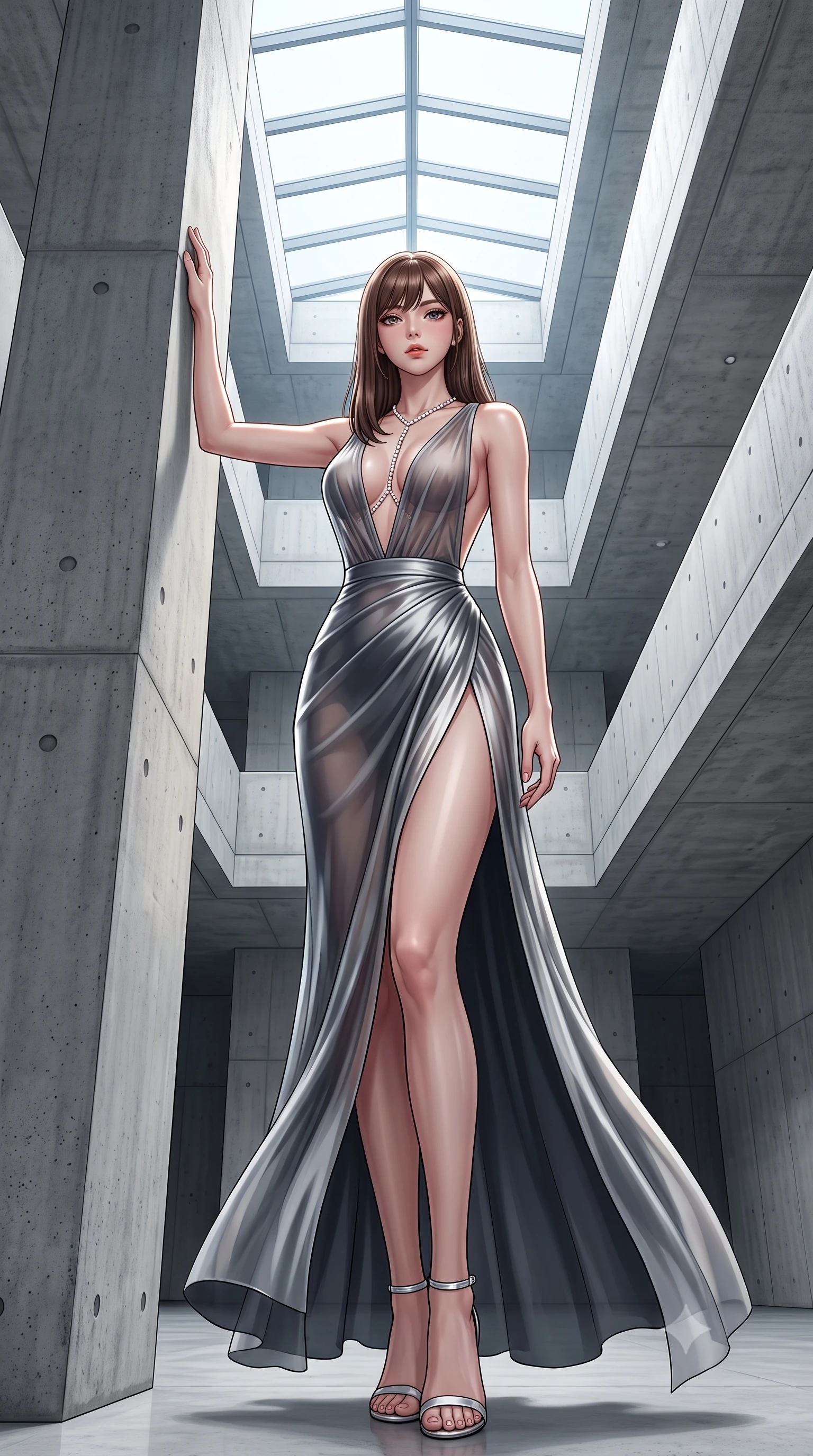 score_9, masterpiece, best quality, ultra-detailed, high-budget anime keyframe, semi-realistic 3D game render, editorial fashion photography, tasteful artistic composition, Korean woman. low angle full-body shot from head to toe showing her feet, filling the entire 9:16 vertical frame with her statuesque presence, stretching her vertical silhouette. standing tall beside the architectural column, one hand resting high while arching her lower back to emphasize her sculpted feminine hips and slender waist while standing centered in the monumental exposed concrete atrium, arching her back with sculptural supermodel presence and razor-sharp gaze. The surrounding environment is rendered in vivid detail and crisp panoramic clarity: detailed architectural dress cutout lines, glossy lip sheen, and Swiss contemporary architecture in razor-sharp precision. She has an absolutely perfect, statuesque 8.5-heads proportion, an exceptionally tall and slender model-like female figure with impossibly long slender legs, an ultra-slim waist, a flat toned midriff, narrow delicate ribcage, and beautifully sculpted feminine hips creating a graceful, slim hourglass silhouette without any bulky heaviness. sharp v-shaped jawline, high-bridge nose, sparkling eyes with hypnotic seductive depth, thick curled eyelashes, glossy parted lips with a natural dewy peach sheen, alluring bedroom-eyes with an enchanting coquettish smile, exuding magnetic siren charisma and sophisticated glamour, flawlessly proportioned anatomical accuracy, strict slender model proportions, natural body alignment, perfectly sculpted long slender limbs, ultra-slim waistline, clean dynamic posture without body distortion. wearing a deep V-neck sheer gossamer chiffon vampire dress with an open-back scoop and dramatic flowing side leg slit in molten liquid silver and midnight charcoal with platinum highlights, tailored from fine structural neoprene with crisp architectural edges and smooth contouring, accented with a pearl-drop body harness subtly framing her dewy collarbones and spine, the form-contouring silhouette accentuating her sculpted flat midriff, narrow delicate ribcage, and gracefully curvy hips with intoxicating allure. bathed in intense crisp neutral 5500K daylight flooding directly down from the overhead glass skylight. highly saturated vibrant anime colors, detailed shading with soft gradients, rich glossy textures, high-contrast stereoscopic depth, volumetric dynamic lighting, master piece, 9:16 ratio