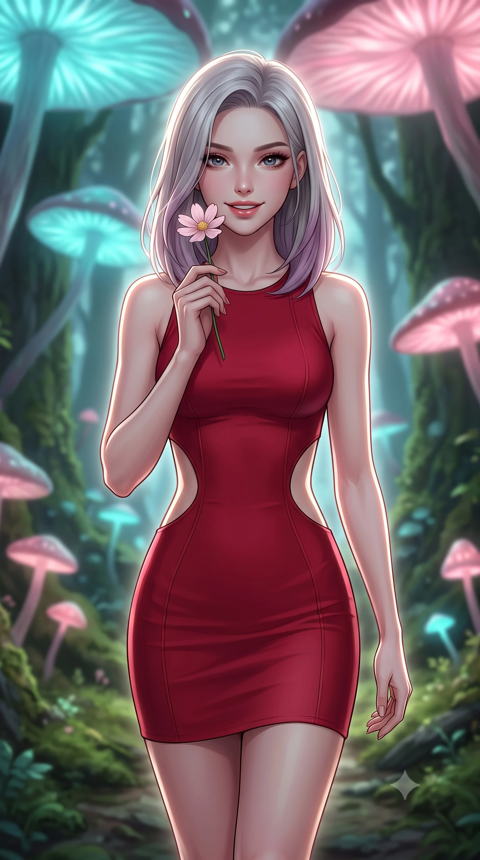 score_9, masterpiece, best quality, ultra-detailed, high-budget anime keyframe, editorial fashion photography, tasteful artistic composition, Caucasian woman, strictly human ears. close-up cowboy shot from the waist and thighs up, the character dominates the composition, filling the frame with her large presence, background elements kept in soft focus. Holding a delicate flower near her cheek, smiling with dreamy happiness. set against a soft-focus background of walking along a mossy path in an ancient forest under a canopy of giant bioluminescent glowing mushrooms that emit soft cyan and pink light. She has an exceptionally elegant, slender, and willowy female figure with a highly-defined ultra-slim waist, a gracefully sculpted slender torso, and a refined slim-fit silhouette that contours her form. sharp v-shaped jawline, high-bridge nose, intricate jewel-like eyes with depth, thick eyelashes, glossy lips with a natural sheen. wearing a structured bodycon dress in crimson red with strategic curved cutouts at the sides of the waist. dramatic backlight creating a radiant halo effect around her entire silhouette. 2k, ultra detail, master piece, 9:16 ratio