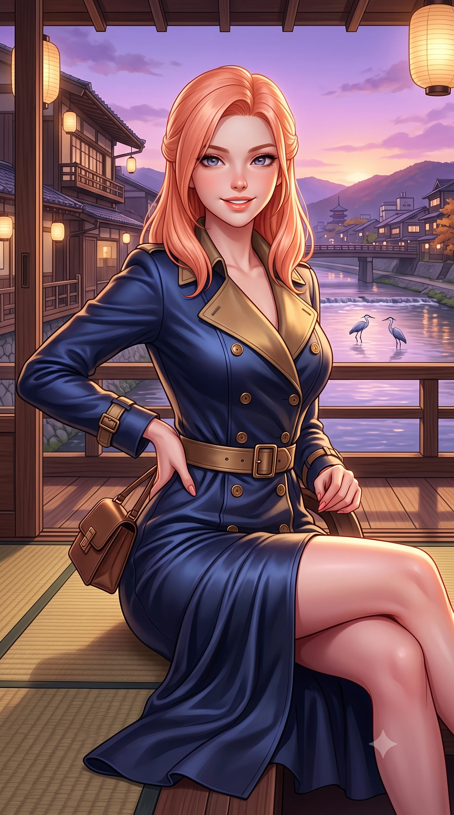 score_9, masterpiece, best quality, ultra-detailed, high-budget anime keyframe, semi-realistic 3D game render, editorial fashion photography, tasteful artistic composition, Japanese woman. close-up cowboy shot from the waist and thighs up, the character dominates the composition, filling the frame with her large presence. standing poised with hips cocked slightly to the side, one hand tracing her cinched waistline while casting an affectionate warm glance while sitting gracefully on a tatami mat at the open veranda edge, watching herons wade in the Kamogawa river with tranquil charm. The surrounding environment is rendered in vivid detail and crisp panoramic clarity: detailed double-breasted wool gabardine trench coat drape, horn buttons, and historic Japanese urban architecture in high resolution. She has an exceptionally elegant, slender, and willowy female figure with an ultra-slim waist, flat toned midriff, narrow ribcage, and sculpted feminine hips creating an alluring, slim hourglass silhouette without bulk. sharp v-shaped jawline, high-bridge nose, intricate jewel-like sparkling eyes with depth, thick eyelashes, glossy parted lips with a natural peach sheen, bright cheerful beaming smile with an enchanting and coquettish sensual glint, exuding both youthful cute charm and seductive allure, flawlessly proportioned anatomical accuracy, strict slender model proportions, natural body alignment, perfectly sculpted long slender limbs, ultra-slim waistline, clean dynamic posture without body distortion. wearing a liquid-tight double-breasted tailored trench dress cinched firmly with a leather buckle belt to accentuate her hourglass curves in Ginza vintage brass gold and midnight navy, crafted from lustrous liquid satin crepe that drapes in body-clinging ripples catching ambient lights, finished with a structured leather micro-bag held lightly at her hip, the body-conscious tailored knit hugging her sculpted torso and curvaceous hips in a seamless, fluid line that highlights her statuesque model proportions. bathed in the soft purple-gold twilight glow of autumn sunset over the Higashiyama mountains mixed with warm paper lantern lights. highly saturated vibrant anime colors, detailed shading with soft gradients, rich glossy textures, high-contrast stereoscopic depth, volumetric dynamic lighting, master piece, 9:16 ratio
