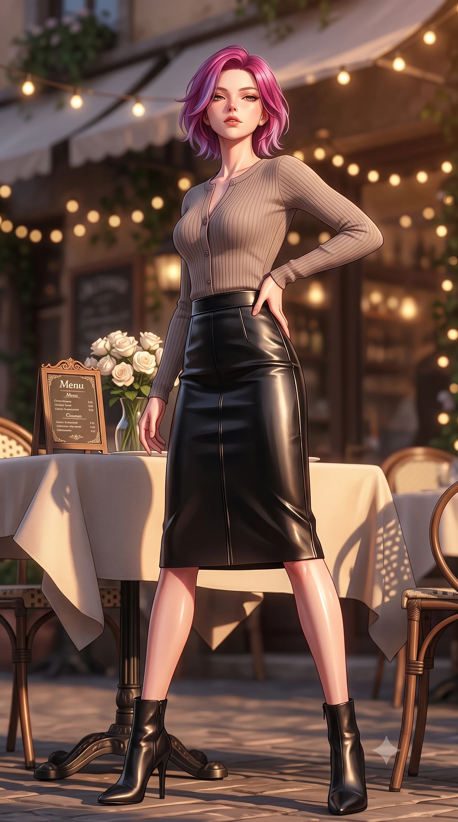 score_9, masterpiece, best quality, ultra-detailed, high-budget anime keyframe, editorial fashion photography, tasteful artistic composition, Caucasian woman. low angle full-body shot from head to toe showing her feet, filling the entire 9:16 vertical frame with her statuesque presence, stretching her vertical silhouette. standing in a captivating power pose, tilting her chin up with a smoldering, bright expression set against a soft-focus background of at an outdoor garden table of a cozy Italian bistro decorated with fairy lights with a small menu board and a vase of white roses on the table. She has an absolutely perfect, statuesque 8.5-heads proportion, an exceptionally tall and slender model-like female figure with impossibly long slender legs and an ultra-slim waist. sharp v-shaped jawline, high-bridge nose, intricate jewel-like eyes with depth, thick eyelashes, glossy lips with a natural sheen. wearing body-hugging tight-fitting cashmere cardigan closed, paired with a sleek leather midi skirt. golden hour sunset light casting long warm shadows on the restaurant table. ultra-reflective glossy finish, specular highlights, metallic sheen, high-contrast stereoscopic depth, volumetric dynamic lighting, 2k, ultra detail, master piece, 9:16 ratio