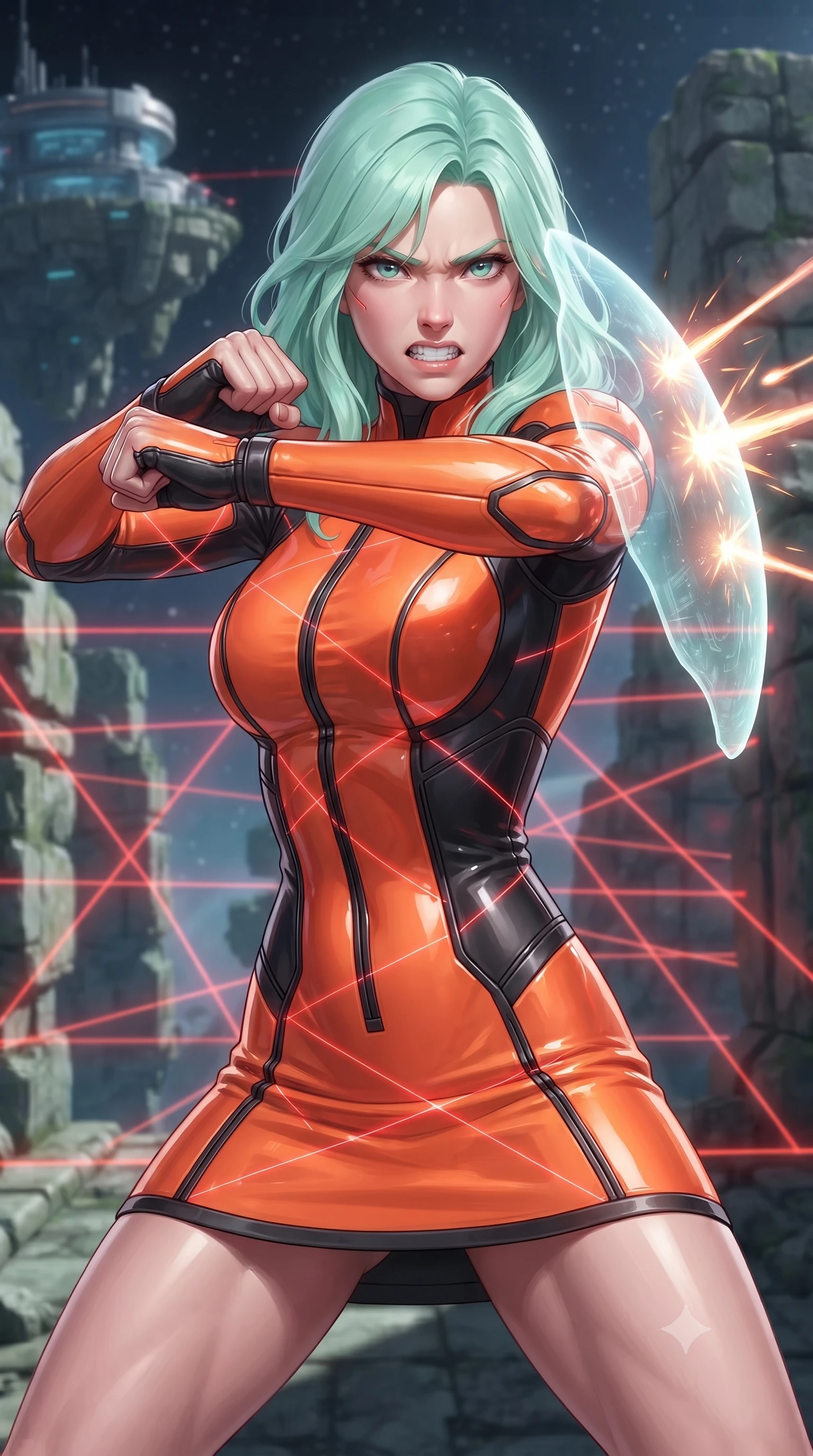 score_9, masterpiece, best quality, ultra-detailed, high-budget anime keyframe, editorial fashion photography, tasteful artistic composition, realistic cosplay photography, Japanese woman. close-up cowboy shot from the waist and thighs up, the character dominates the composition, filling the frame with her large presence, background elements kept in soft focus. Deflecting incoming plasma bolts with a glowing energy shield attached to her forearm, teeth grit in determination. set against a soft-focus background of a research station built onto ancient alien stone ruins floating in space, laser grids blocking corridors. She has an exceptionally elegant and slender, willowy female figure with an ultra-slim waist, a gracefully sculpted slender torso, and a refined slim physique. sharp v-shaped jawline, high-bridge nose, intricate jewel-like eyes with depth, thick eyelashes, glossy lips with a natural sheen. wearing tailored for maximum mobility, sleek form-contouring panels that allow fluid movement, a body-hugging body-hugging cybernetic dress in neon orange and black neoprene, featuring a high collar and structured seams. shifting red security laser grids casting geometric lines across her suit. ultra-reflective glossy finish, specular highlights, metallic sheen, high-contrast stereoscopic depth, volumetric dynamic lighting, 2k, ultra detail, master piece, 9:16 ratio