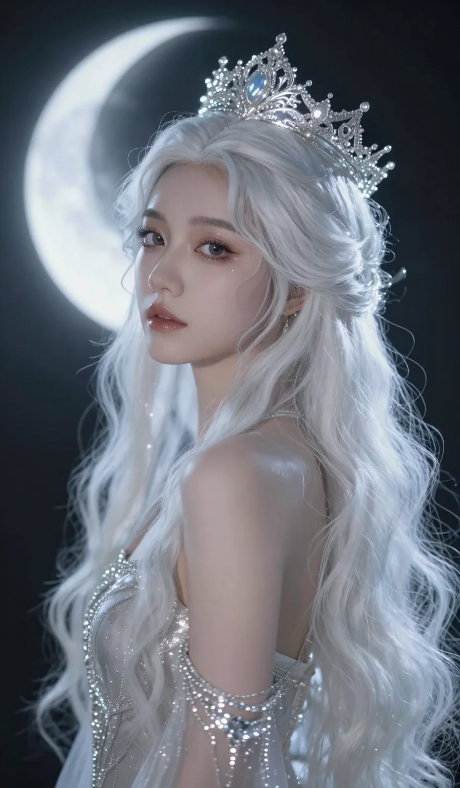 (masterpiece:1.2), best quality, highres, (1girl:1.3), breathtaking portrait, long wavy white hair, (silver crown:1.1), moon goddess aesthetic, ethereal glow, 2k, ultra detail, 9:16 ratio