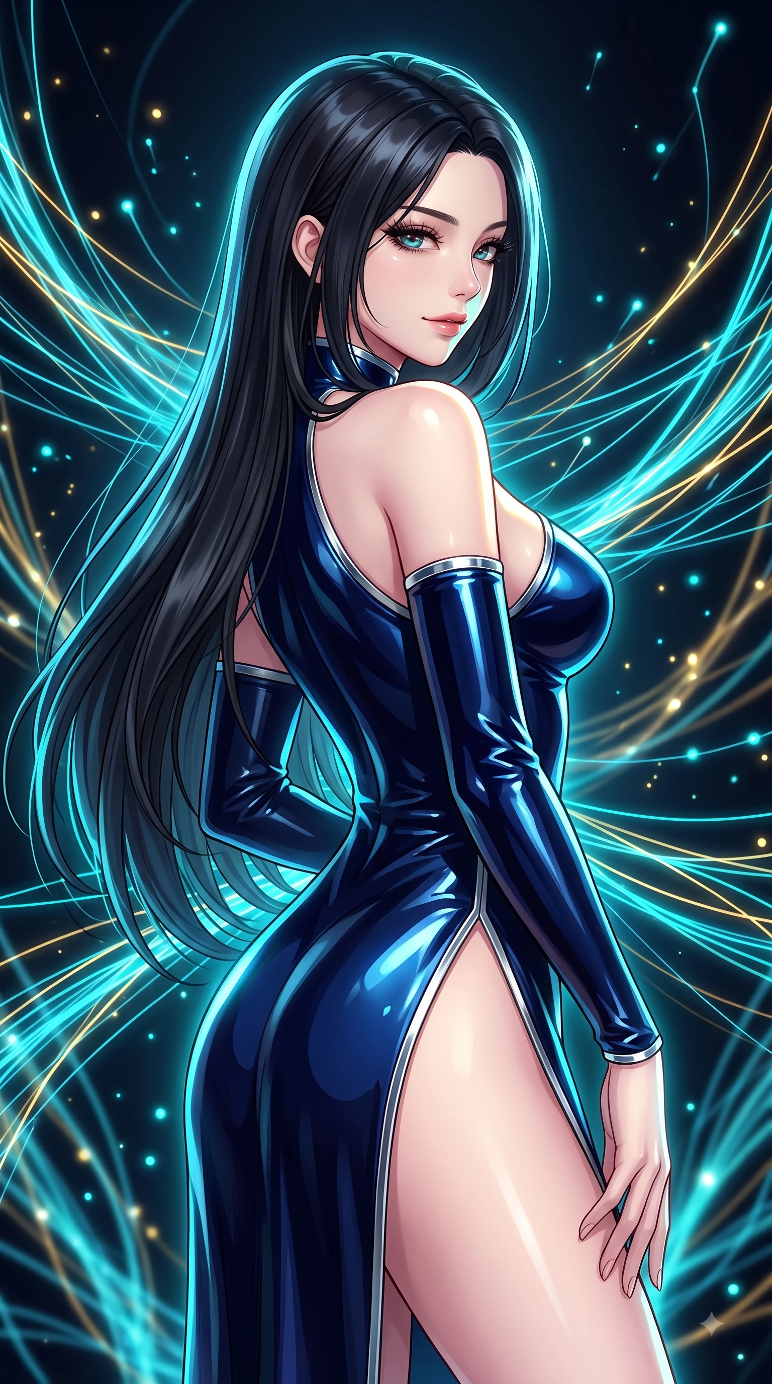 score_9, masterpiece, best quality, ultra-detailed, high-budget anime keyframe, editorial fashion photography, tasteful artistic composition, Korean woman. close-up cowboy shot from the waist and thighs up, the character dominates the composition, filling the frame with her large presence, background elements kept in soft focus. Casting a seductive sidelong gaze over her bare shoulder with heavy lashes and a composed half-smile while standing in a dark void woven with thousands of cyan and gold light threads in a seductive pose, glowing fiber optic motes drifting like fireflies in the dark background. She has an exceptionally elegant, slender, and willowy female figure with an ultra-slim waist, a gracefully sculpted slender torso, and a refined silhouette. sharp v-shaped jawline, high-bridge nose, intricate jewel-like eyes with depth, thick eyelashes, glossy lips with a natural sheen, flawlessly proportioned anatomical accuracy, natural body alignment, perfectly sculpted elegant limbs, clean dynamic posture without body distortion. wearing an asymmetrical high-cut tech-bodysuit with detached sleeves in midnight navy blue and chrome trim, tailored from high-gloss patent leather, finished with a sleek side slit ascending to mid-thigh, the form-contouring material highlighting her ultra-slim waist and long lines. surrounded by a vibrant fluorescent aura with bright specular rim lights. highly saturated vibrant anime colors, detailed shading with soft gradients, rich glossy textures, high-contrast stereoscopic depth, volumetric dynamic lighting, master piece, 9:16 ratio
