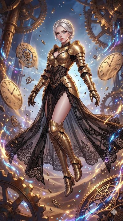 score_9, masterpiece, best quality, ultra-detailed, Set A: High-budget Anime Keyframe, Korean woman. Low angle cowboy shot filling the entire 9:16 frame with her statuesque presence. Floating through a clockwork desert, as gravity fails and everythin