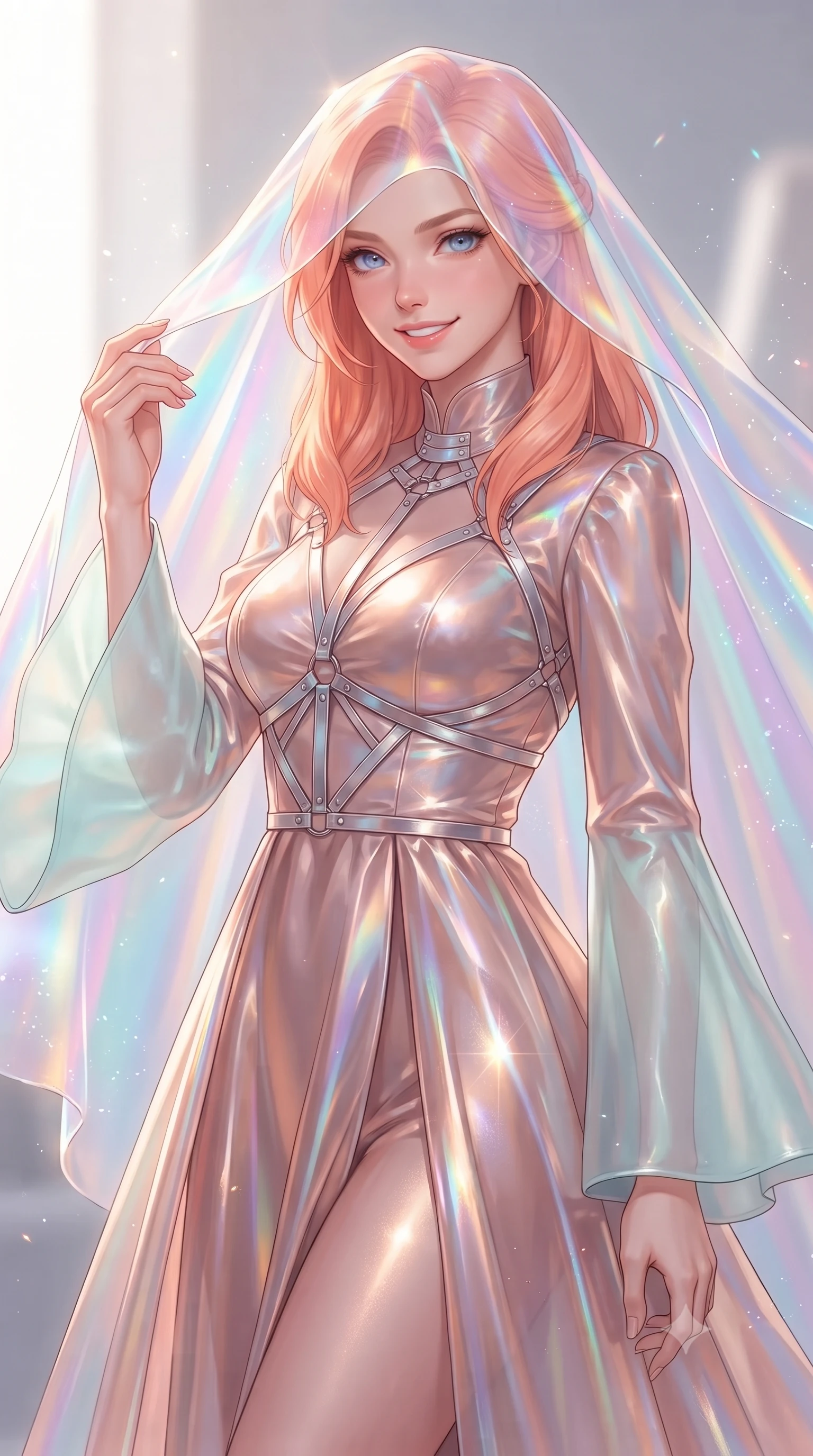 score_9, masterpiece, best quality, ultra-detailed, high-budget anime keyframe, editorial fashion photography, tasteful artistic composition, Japanese woman. close-up cowboy shot from the waist and thighs up, the character dominates the composition, filling the frame with her large presence, background elements kept in soft focus. Smiling with quiet, magnetic self-assurance directly into the camera, touching a holographic silk veil that refracts daylight into brilliant pastel spectrums, fine holographic shimmer particles drifting through the bright airy atmosphere. She has an exceptionally elegant, slender, and willowy female figure with an ultra-slim waist, a gracefully sculpted slender torso, and a refined silhouette. sharp v-shaped jawline, high-bridge nose, intricate jewel-like eyes with depth, thick eyelashes, glossy lips with a natural sheen. wearing gothic high-collar rose-gold silk evening gown with long bell sleeves in pale opal seafoam, made of iridescent hologram organza, highlighted by a platinum metallic harness structure, sculpting her athletic slender build with refined precision. lit by bright white studio key light with colorful prismatic rim lighting. ultra-reflective glossy finish, specular highlights, metallic sheen, high-contrast stereoscopic depth, volumetric dynamic lighting, 2k, ultra detail, master piece, 9:16 ratio