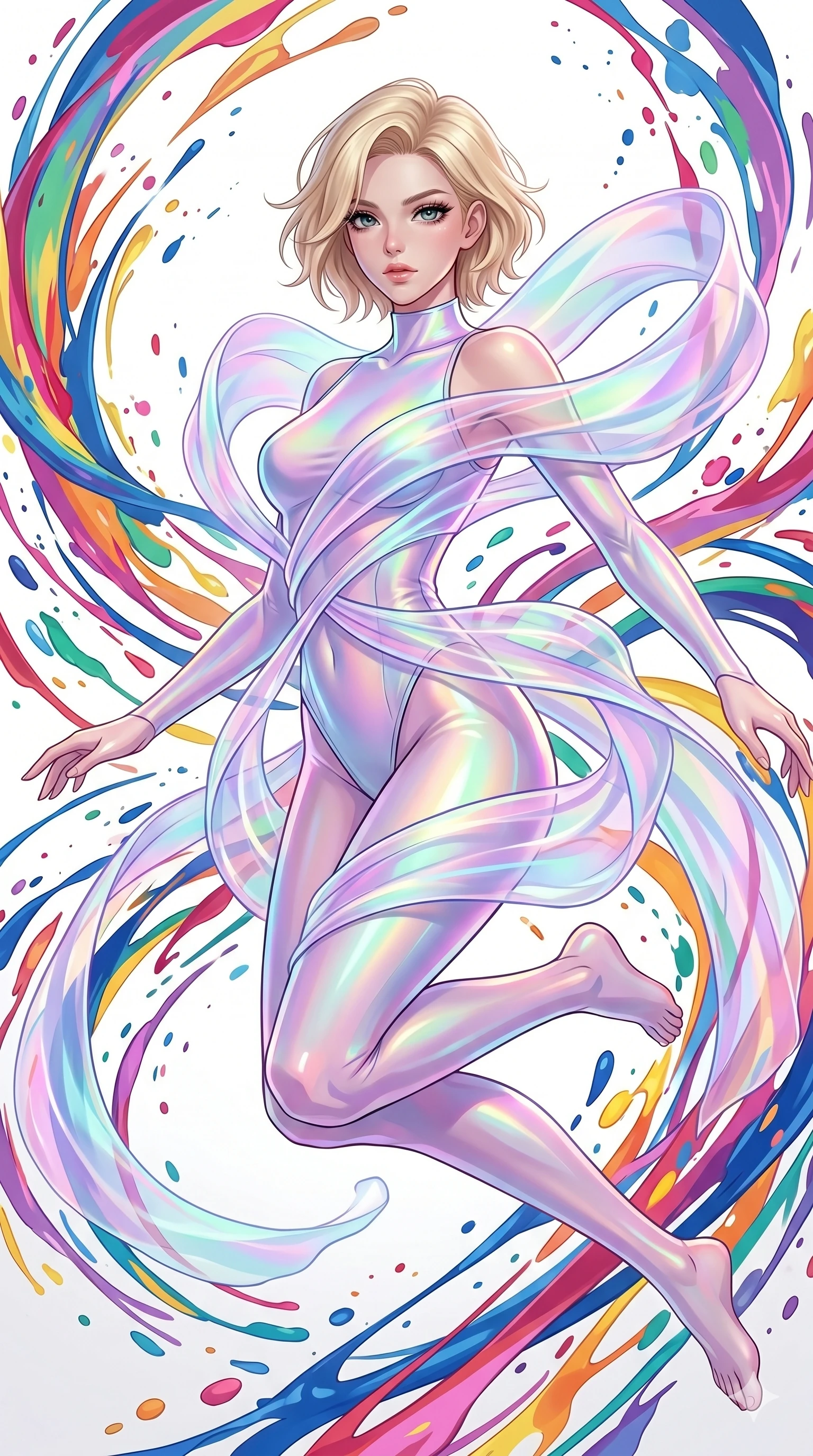 score_9, masterpiece, best quality, ultra-detailed, high-budget anime keyframe, Caucasian woman, strictly human ears. upper body close-up from the thighs up, character filling the screen for maximum presence. leaping into a vorticist paint splatter dimension where thousands of vivid acrylic paint ribbons and splatters swirl around her in a white gallery void. She has an absolutely perfect 8-heads proportion, an exceptionally tall and slender female figure with impossibly long slender legs and an ultra-slim waist. V-shaped jawline, high-bridge nose, intricate jewel-like eyes with depth, thick eyelashes, glossy lips with a natural sheen.. wearing a cybernetic bodysuit with a holographic ribbon, featuring a skin-tight contouring bodysuit wrapped in a translucent flowing holographic organza ribbon. enhanced by a luminous pastel spectrum glow, casting elegant rim lights on her shoulders and jawline. 2k, ultra detail, master piece, 9:16 ratio
