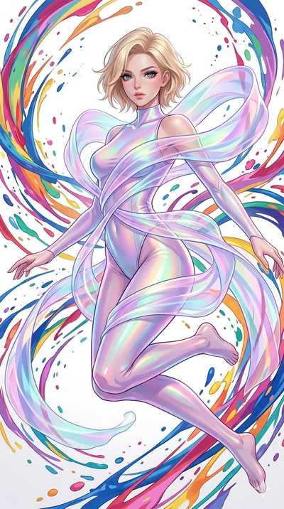 score_9, masterpiece, best quality, ultra-detailed, high-budget anime keyframe, Caucasian woman, strictly human ears. upper body close-up from the thighs up, character filling the screen for maximum presence. leaping into a vorticist paint splatter d