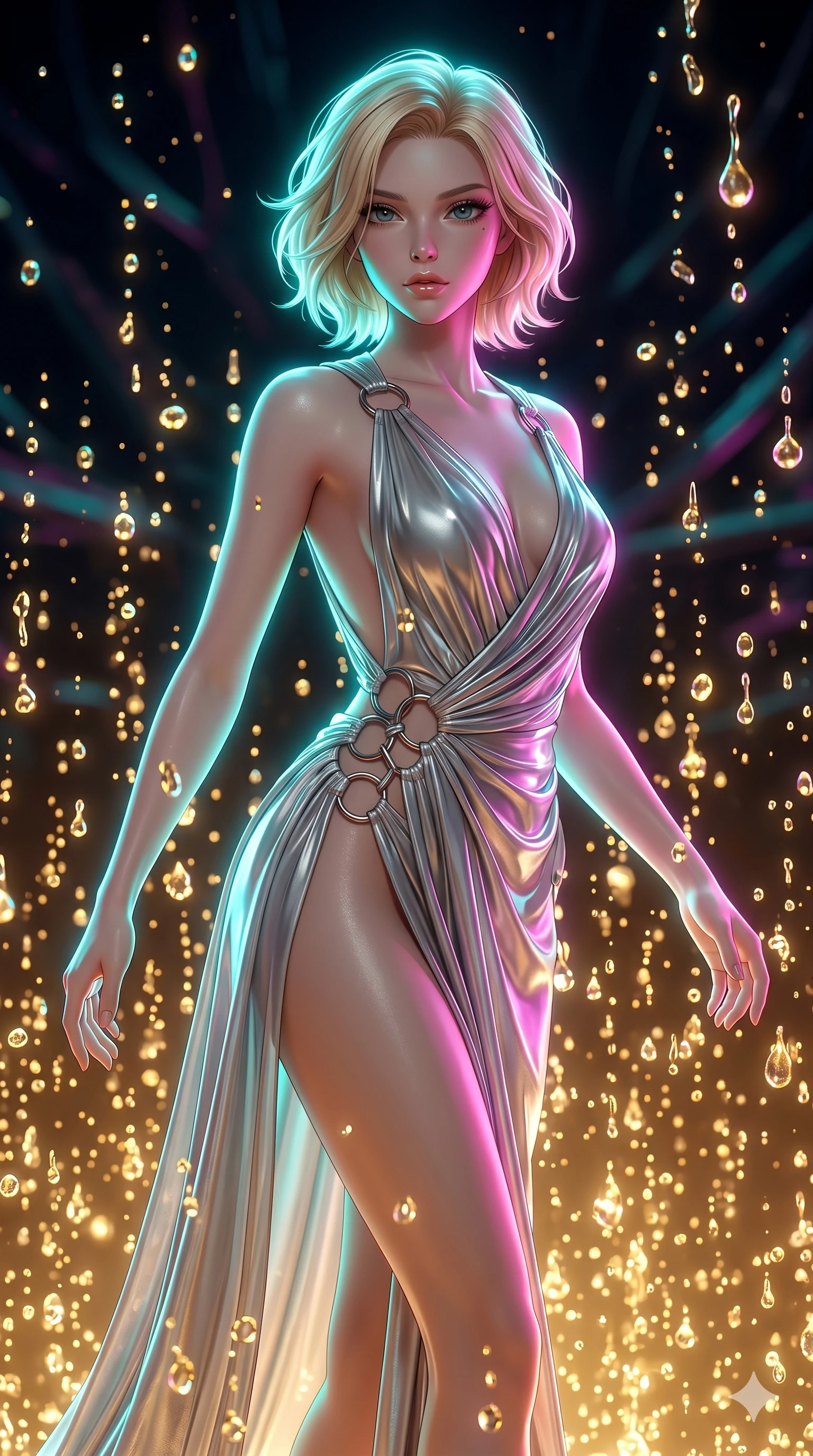 score_9, masterpiece, best quality, ultra-detailed, high-budget anime keyframe, Japanese woman. upper body close-up from the thighs up, character filling the screen for maximum presence. dodging ethereal liquid gold rain that rises upward from the ground in warm shimmering droplets under an inverted gravity field. She has an absolutely perfect 8-heads proportion, an exceptionally tall and slender female figure with impossibly long slender legs and an ultra-slim waist. V-shaped jawline, high-bridge nose, intricate jewel-like eyes with depth, thick eyelashes, glossy lips with a natural sheen.. wearing a draped Grecian cyber-gown, featuring draped silver metallic chiffon held by metal ring hardware, displaying a high-leg line. bathed in brilliant cinematic volumetric lighting and intense neon rim light highlighting her slender form. 2k, ultra detail, master piece, 9:16 ratio
