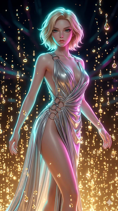 score_9, masterpiece, best quality, ultra-detailed, high-budget anime keyframe, Japanese woman. upper body close-up from the thighs up, character filling the screen for maximum presence. dodging ethereal liquid gold rain that rises upward from the gr