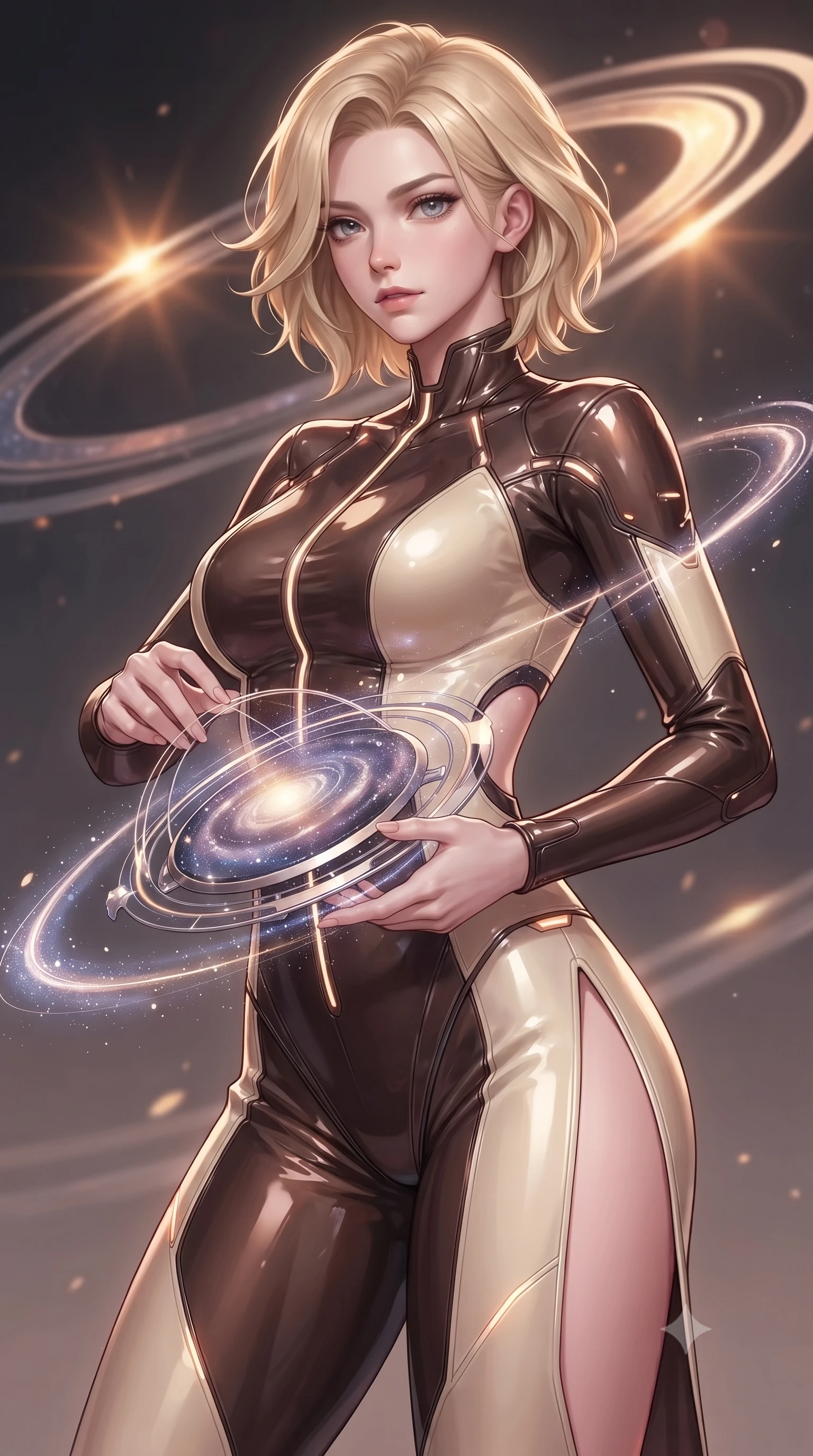score_9, masterpiece, best quality, ultra-detailed, high-budget anime keyframe, editorial fashion photography, tasteful artistic composition, Caucasian woman. close-up cowboy shot from the waist and thighs up, the character dominates the composition, filling the frame with her large presence, background elements kept in soft focus. Gazing past the camera with an air of effortless elegance and mysterious confidence adjusting a luminous planetary orbital dial filled with galaxy dust, swirling galaxy dust creating luminous arcs in the air. She has an exceptionally elegant, slender, and willowy female figure with an ultra-slim waist, a gracefully sculpted slender torso, and a refined silhouette. sharp v-shaped jawline, high-bridge nose, intricate jewel-like eyes with depth, thick eyelashes, glossy lips with a natural sheen. wearing a skin-tight cybernetic bodysuit with glowing neon seams and side cutouts in espresso brown and warm cream, tailored from high-gloss patent leather, finished with a sleek side slit ascending to mid-thigh, the tailored fabric tightly following every curve of her athletic build. bathed in warm sunbursts filtering through floating orbital rings. highly saturated vibrant anime colors, detailed shading with soft gradients, rich glossy textures, high-contrast stereoscopic depth, volumetric dynamic lighting, master piece, 9:16 ratio